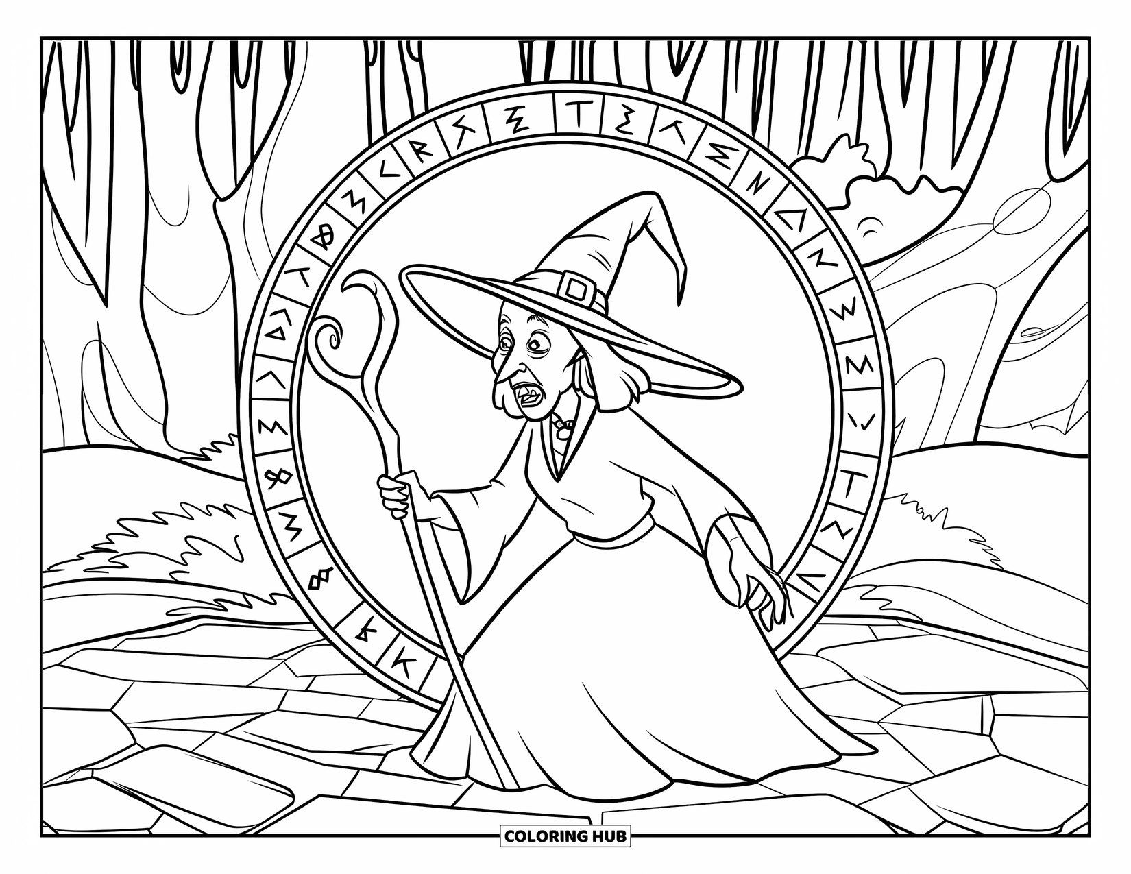 Witch Coloring Page for Kids: A witch performs a spell near a stone circle hidden deep in the forest