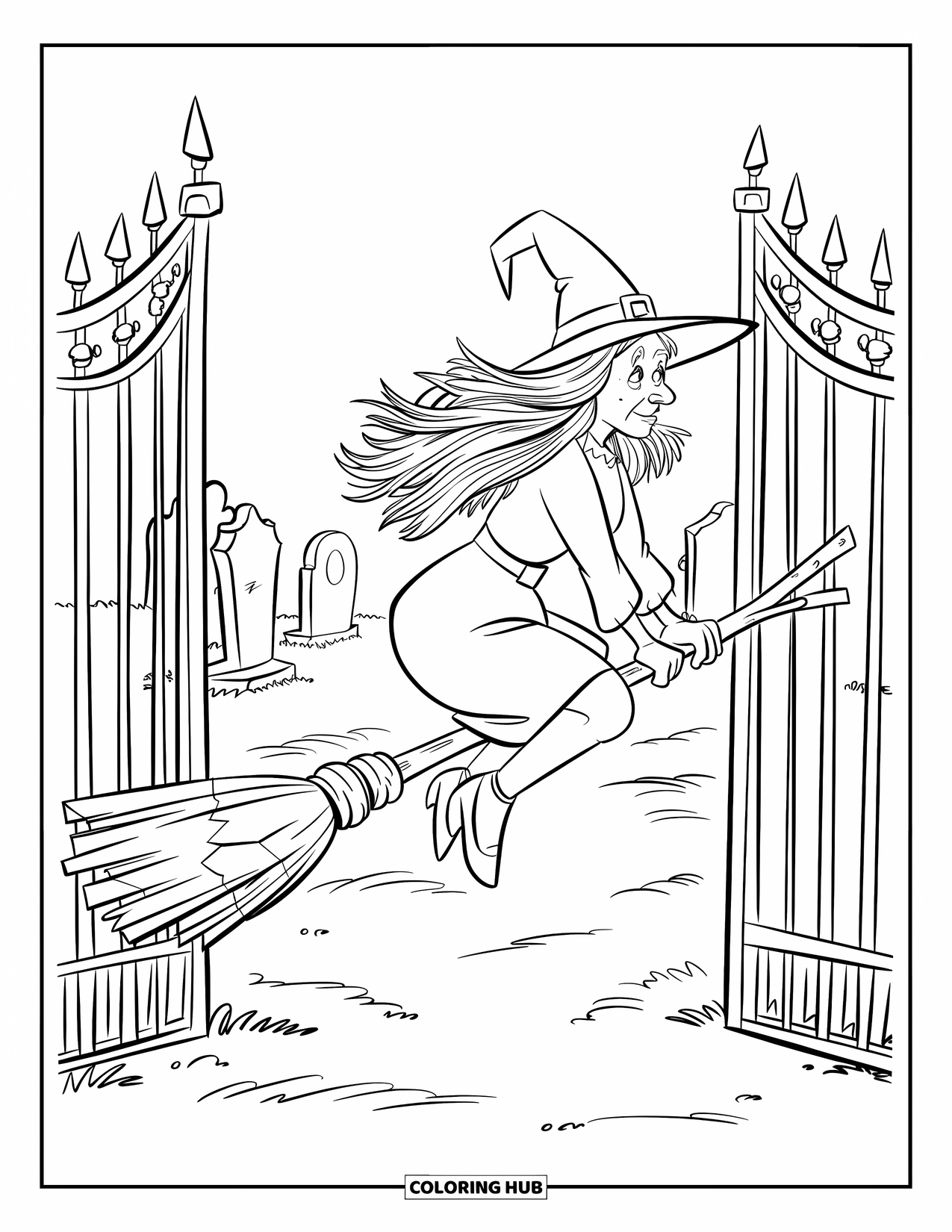 Witch Coloring Page for Kids: A witch rides her broom near an open graveyard gate filled with tombstones