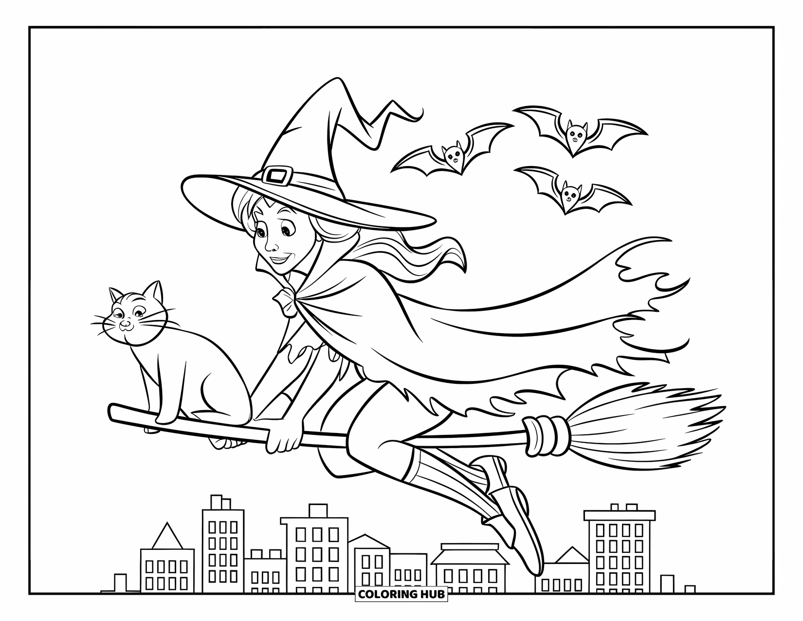 Witch Coloring Page for Kids: A witch rides her broomstick over rooftops with a cat and bats flying behind