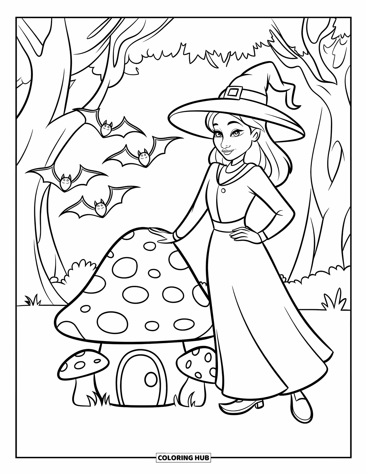 Witch Coloring Page for Kids: A witch stands by a tiny mushroom house with bats flying around