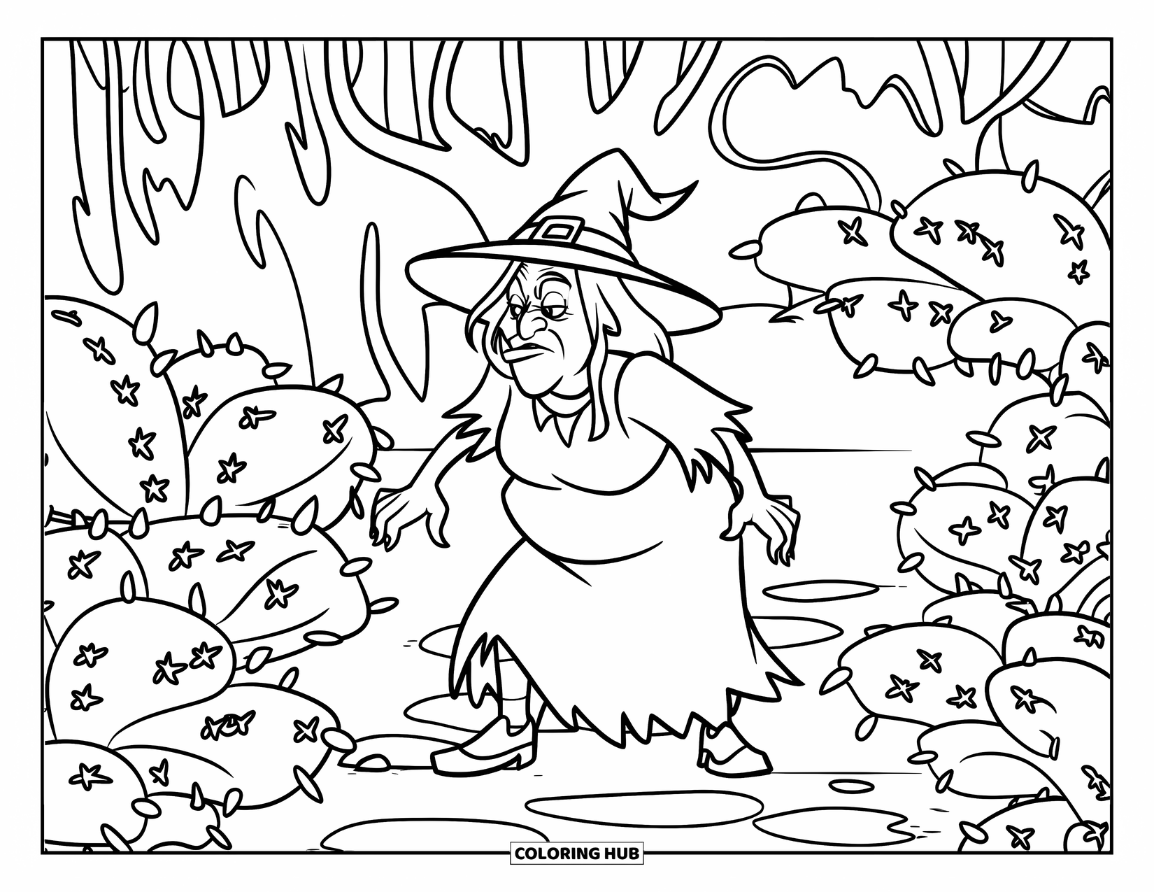 Witch Coloring Page for Kids: A witch stands on a garden path full of thorny plants and strange greenery