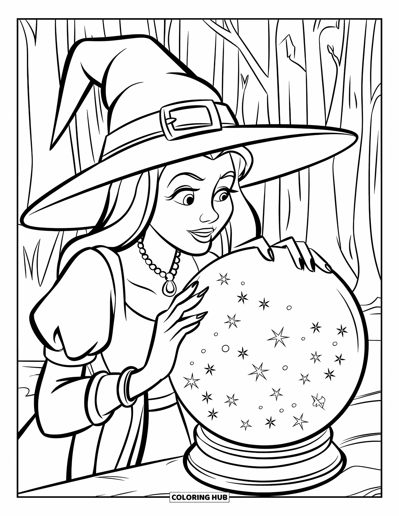 Witch Coloring Page for Kids: A witch stares into a misty crystal ball surrounded by tall forest trees