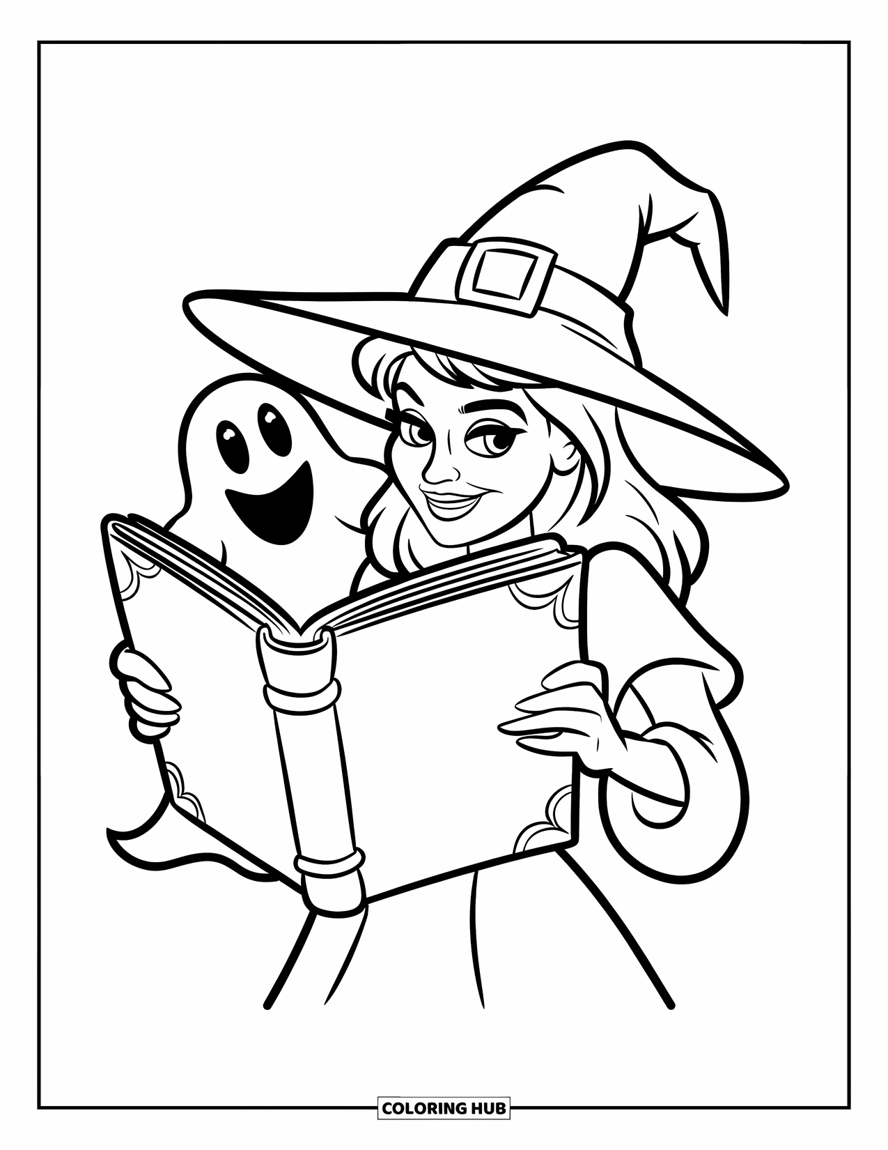 Witch Coloring Page for Kids: A witch with a pointy hat holds a book as a ghost smiles behind her