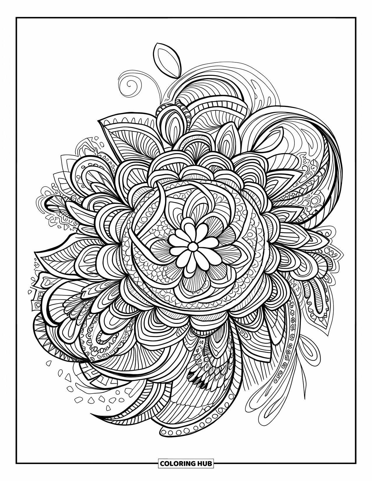 Zentangle Ausmalbild für Erwachsene: Ein kühnes Mandala wirbelt mit Blumen- und geometrischen Formen über die Seite