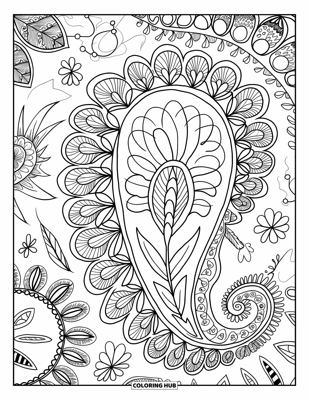 Zentangle Ausmalbild für Erwachsene: Eine kühne Paisley-Form windet sich mit Blumen- und geometrischen Mustern durchgehend