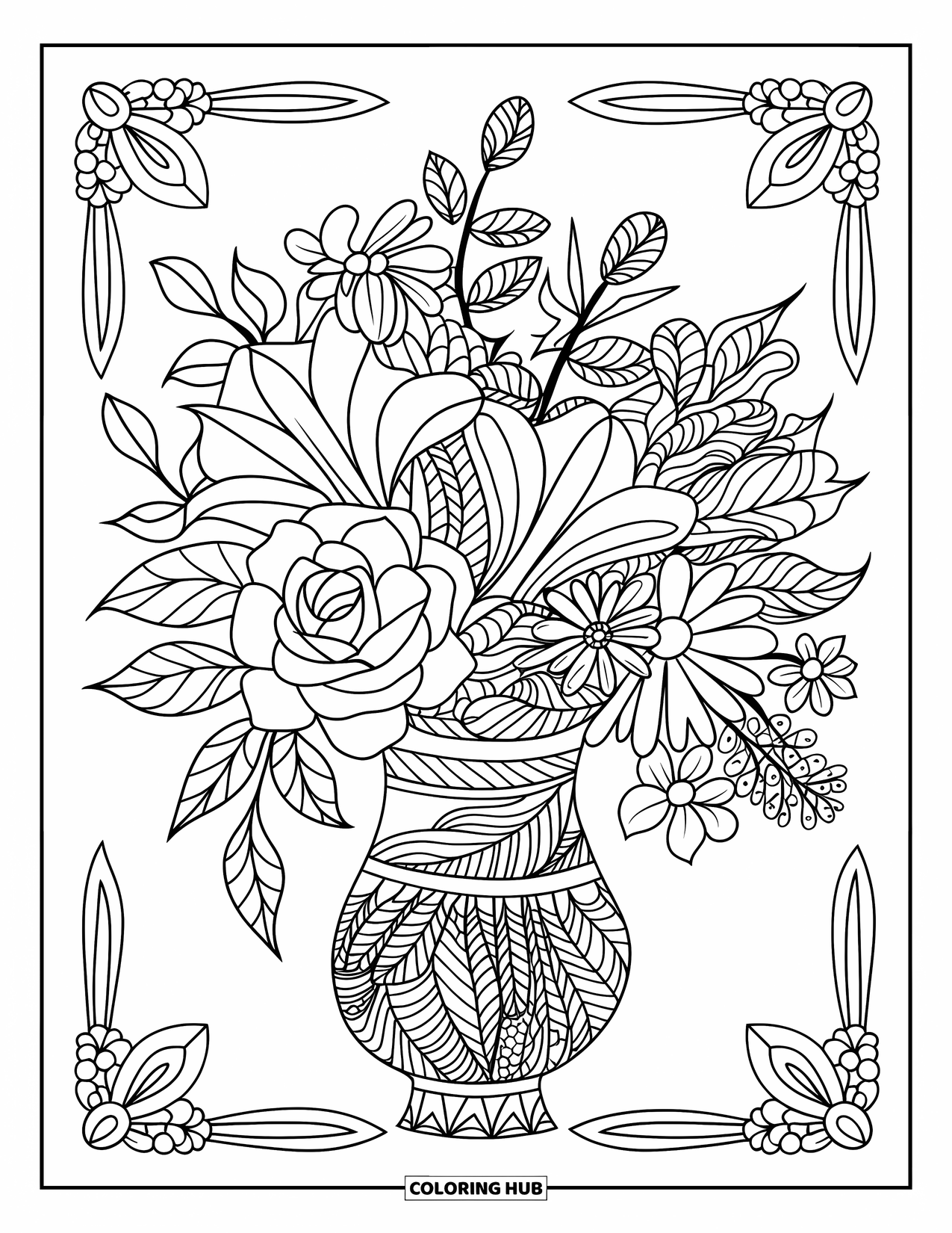 Zentangle Ausmalbild für Erwachsene: Ein Blumenstrauß ruht in einer Vase voller zarter, blattartiger Muster