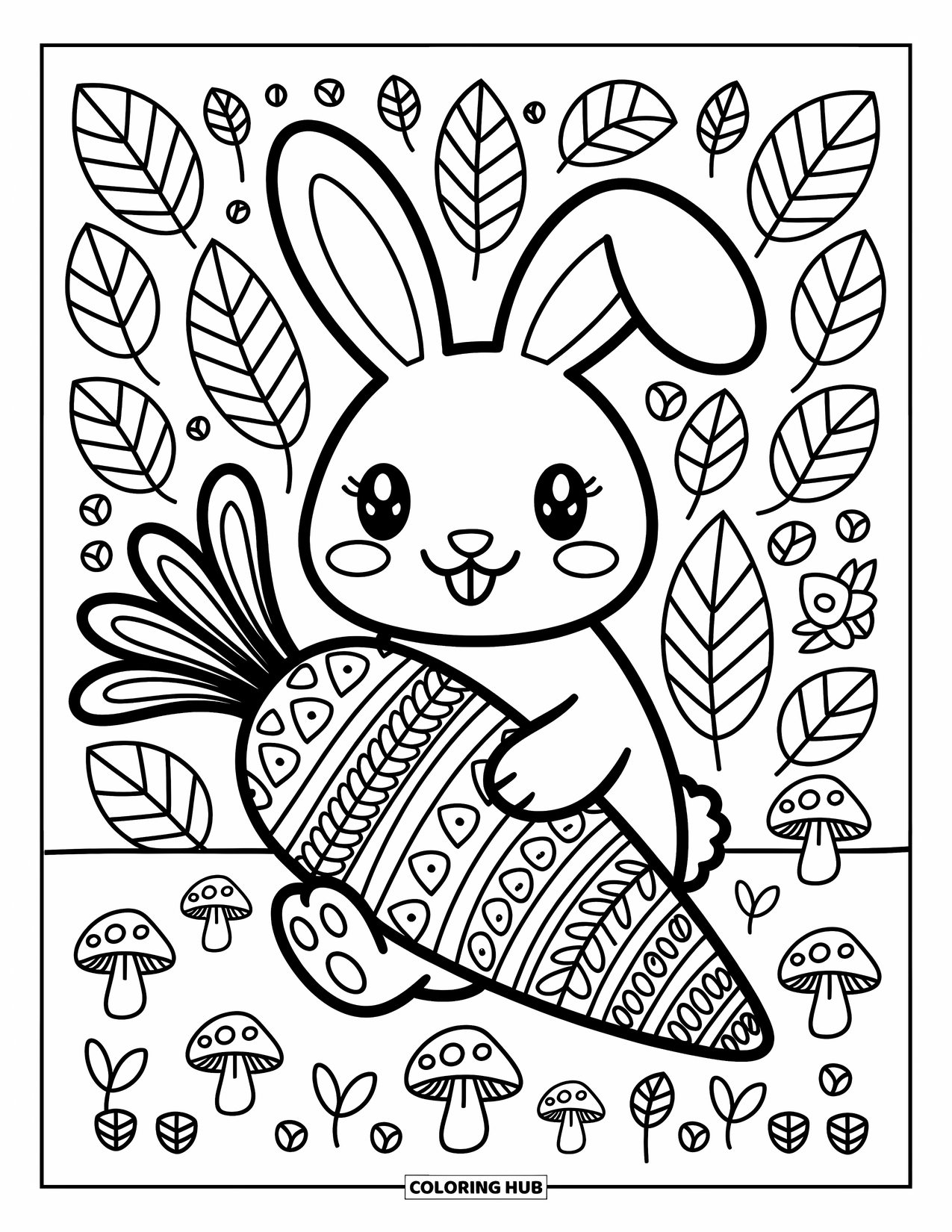 Zentangle Ausmalbild für Erwachsene: Ein Hase legt seine Pfoten um eine Zentangle-Karotte in einer süßen Doodle-Szene