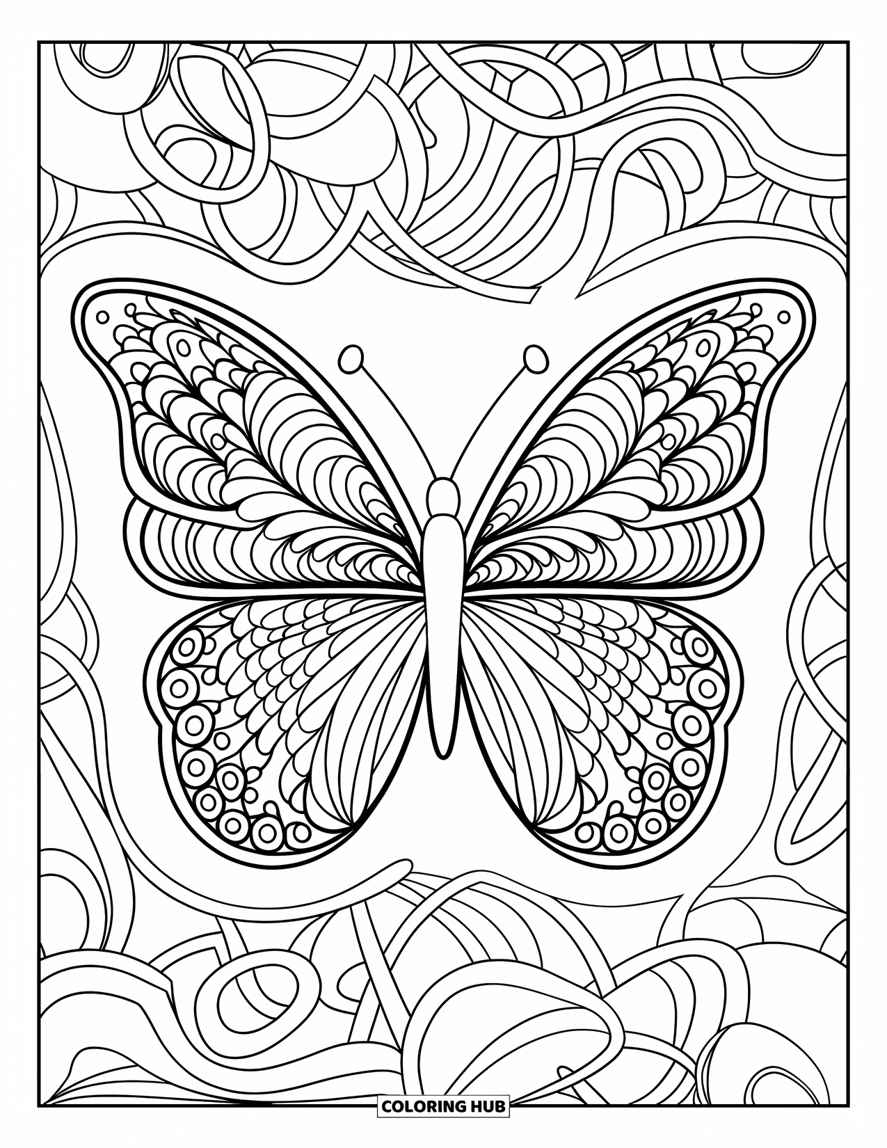 Zentangle Ausmalbild für Erwachsene: Ein Schmetterling schwebt mit Zentangle-Flügeln und einer Kulisse aus geschwungenen Designs