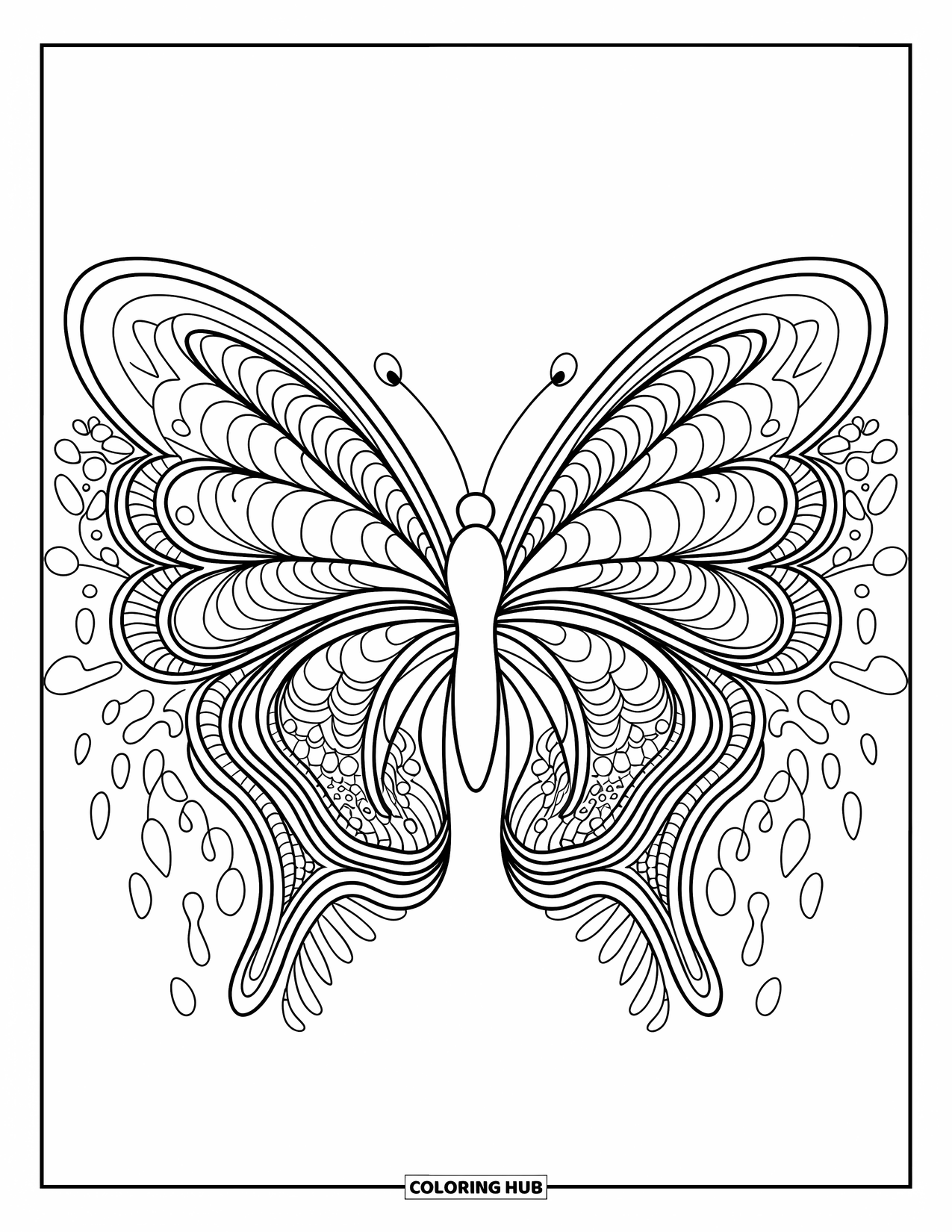 Zentangle Ausmalbild für Erwachsene: Ein Schmetterling breitet gemusterte Flügel über einer Seite mit wirbelnden Linien aus