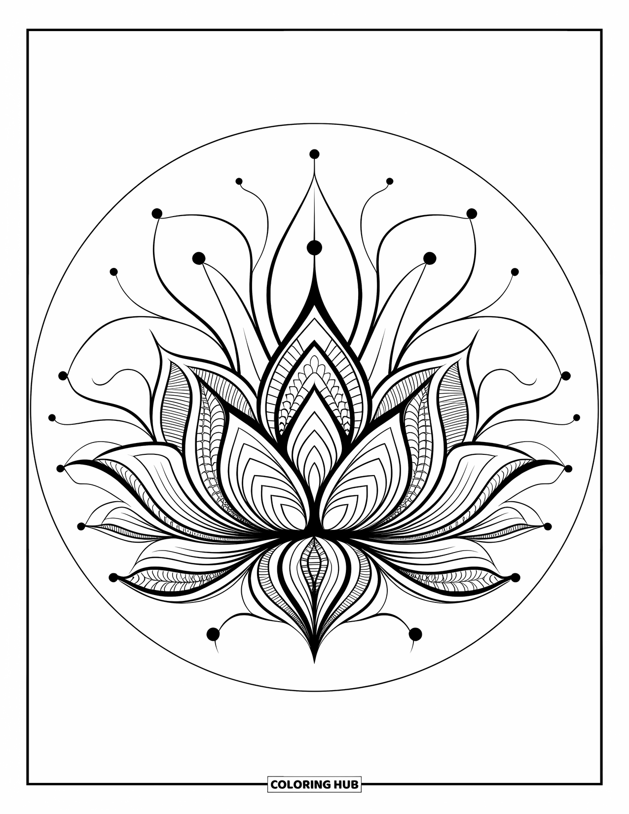 Zentangle Ausmalbild für Erwachsene: Eine zentrierte Lotusblume dehnt sich mit weichen, detaillierten Blütenblattmustern aus