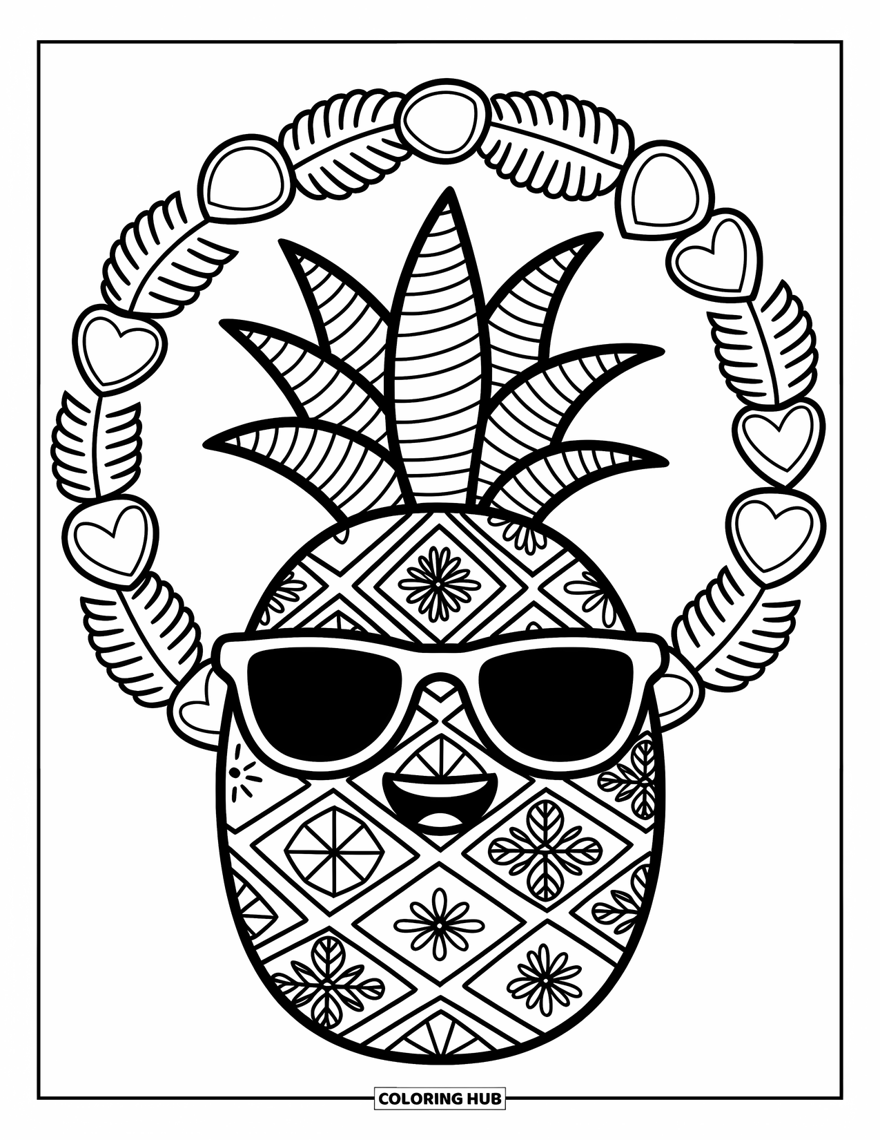 Zentangle Ausmalbild für Erwachsene: Eine fröhliche Ananas mit Sonnenbrille ist in skurrile Frucht- und Blattmuster gehüllt