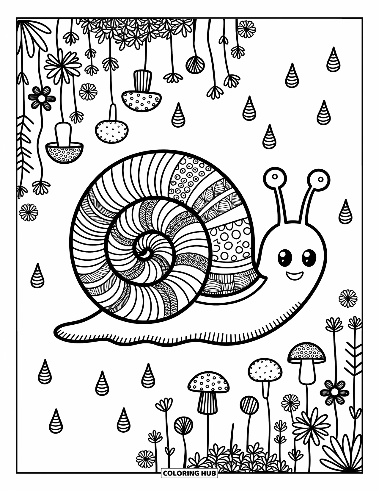 Zentangle Ausmalbild für Erwachsene: Eine fröhliche Schnecke bewegt sich auf einem Pfad aus winzigen Pilzen und Regen-Doodles