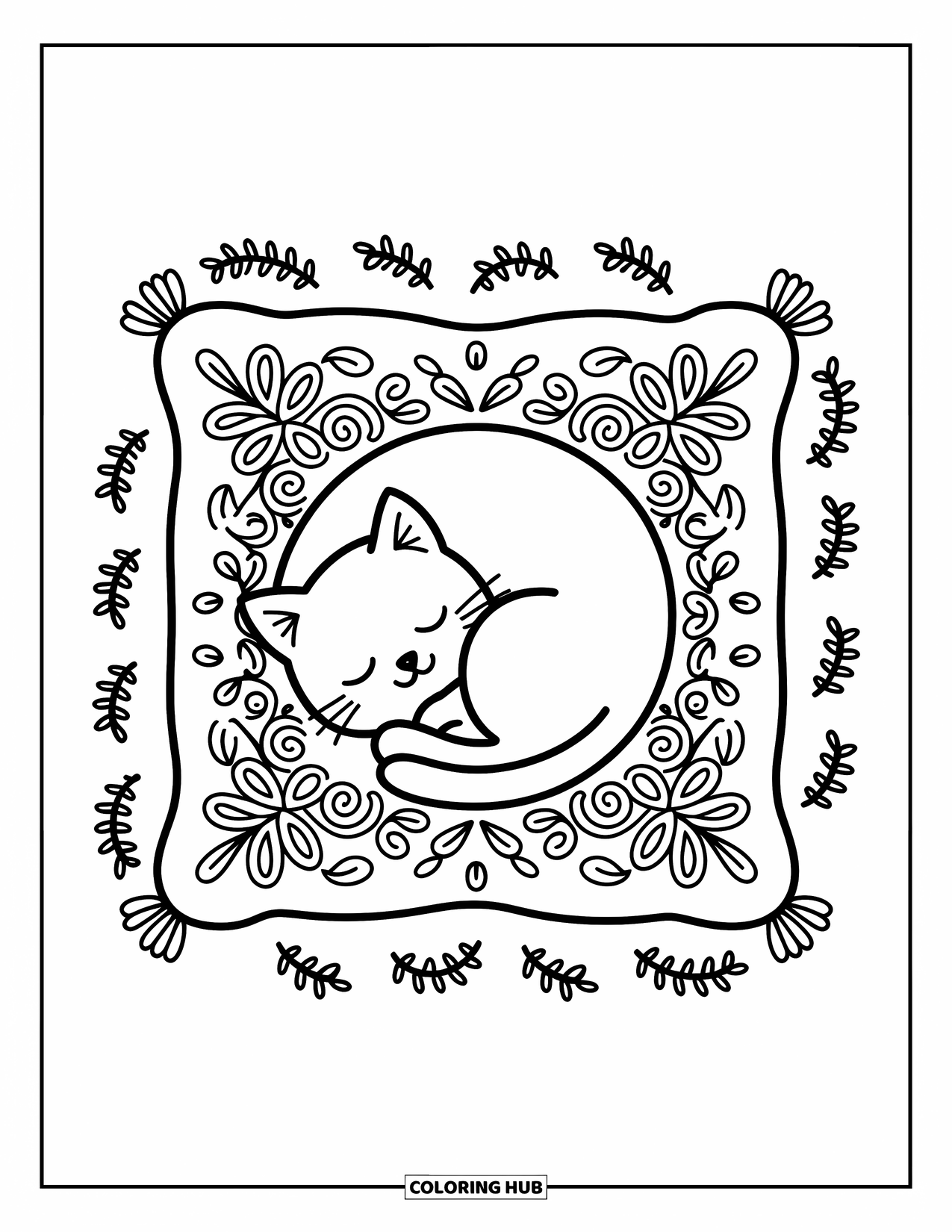 Zentangle Ausmalbild für Erwachsene: Eine gemütliche Katze rollt sich auf einem Kissen voller floraler und blättriger Wirbel zusammen