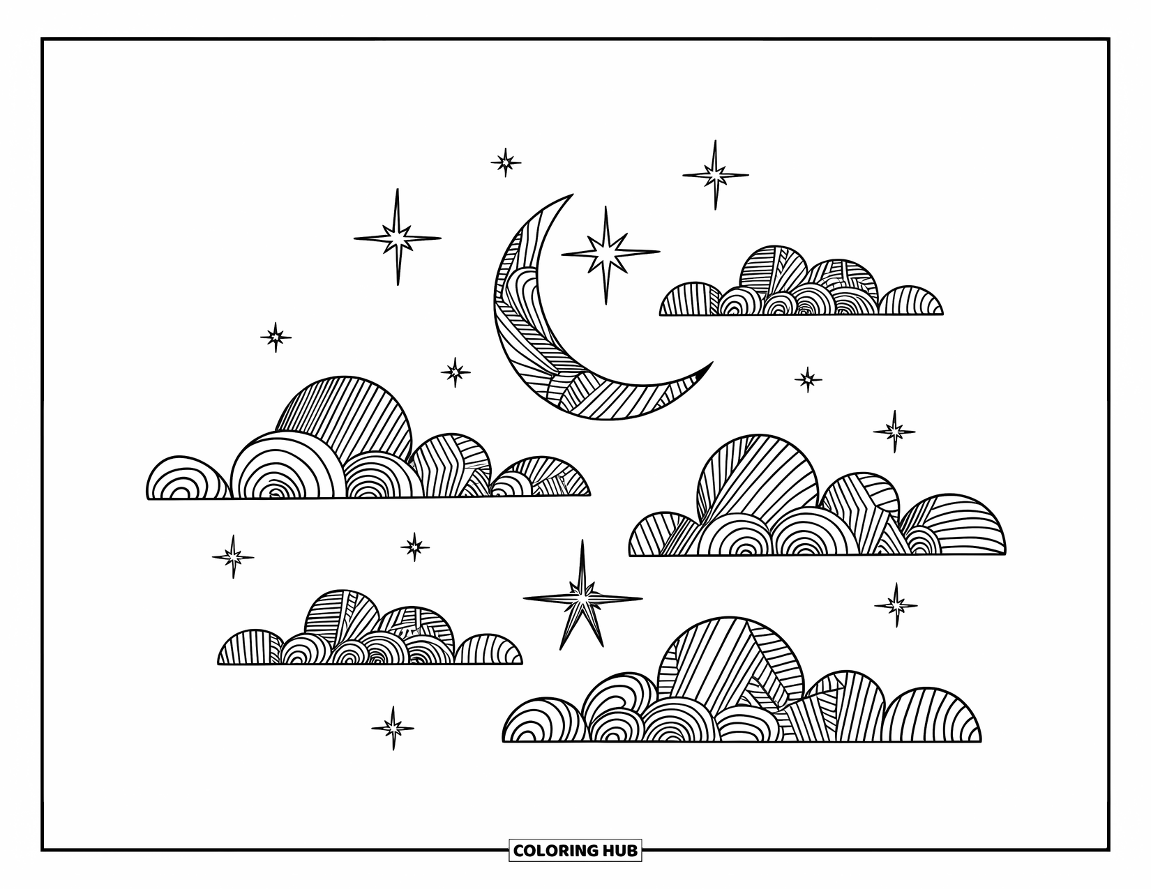 Zentangle Ausmalbild für Erwachsene: Eine Mondsichel leuchtet über gemusterten Wolken und einem sternenklaren Zentangle-Himmel