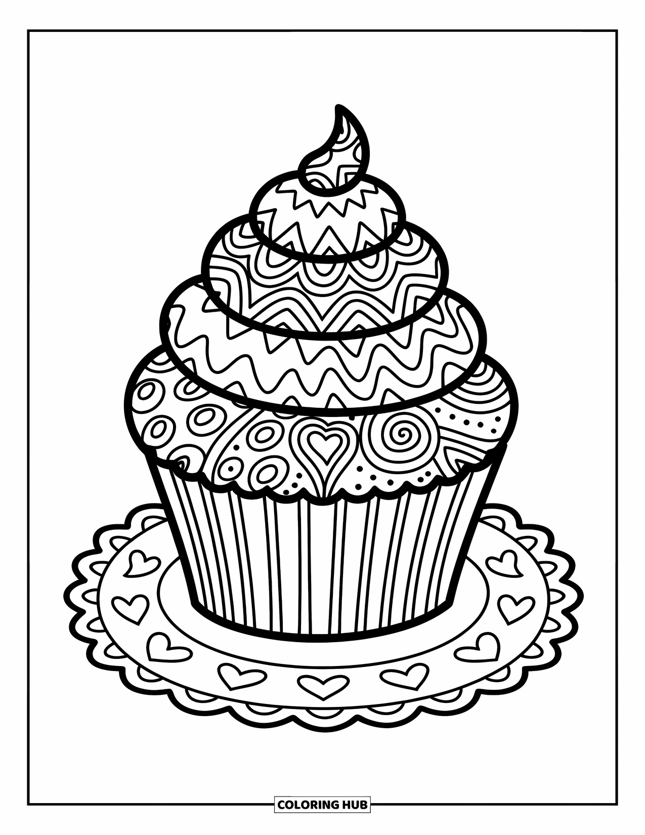 Zentangle Ausmalbild für Erwachsene: Ein Cupcake steht stolz mit Spiral-Toppings und herzgefüllten Dekorationen