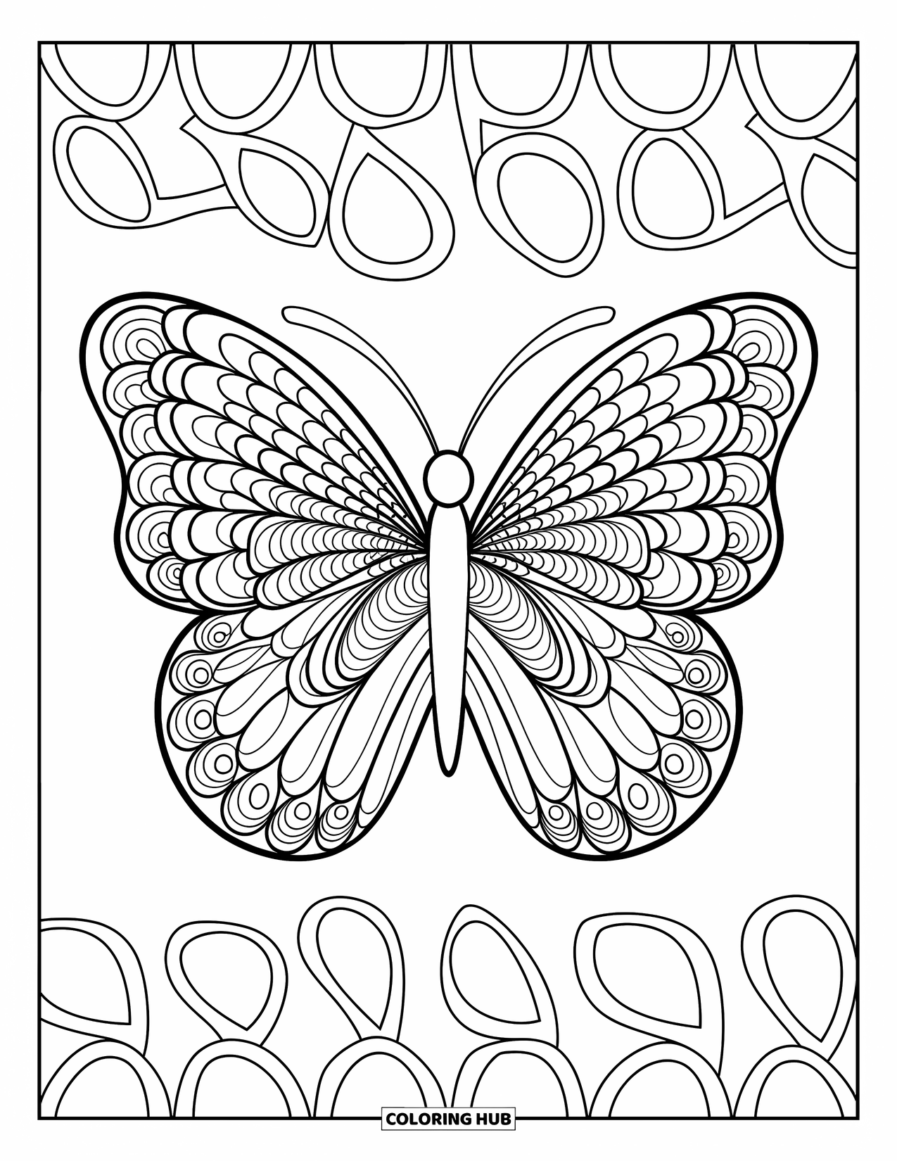 Zentangle Ausmalbild für Erwachsene: Ein zarter Schmetterling gleitet über Kreise und Schnörkel in sanften Mustern