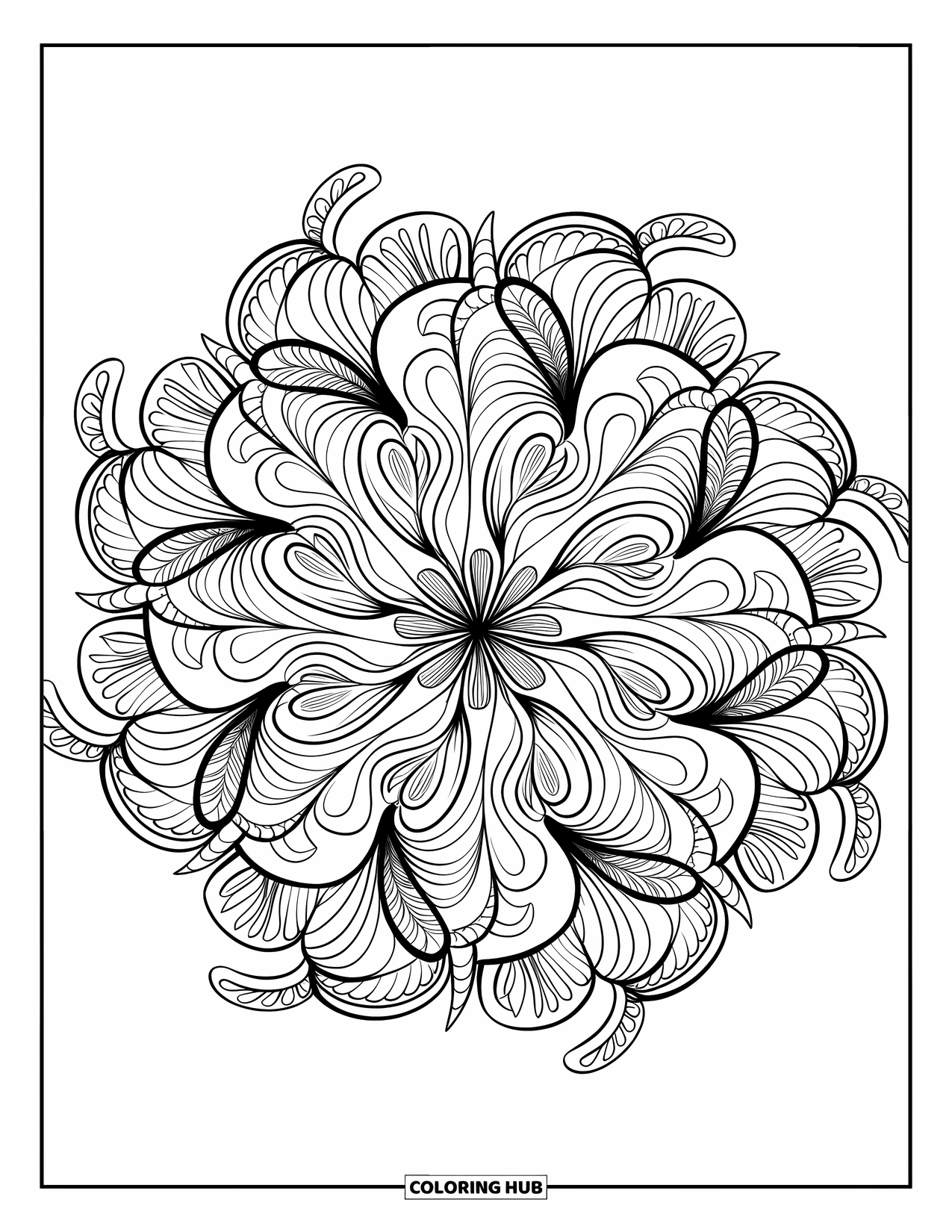 Zentangle Ausmalbild für Erwachsene: Ein detailliertes Mandala blüht mit wirbelnden Mustern in einem ganzseitigen Design