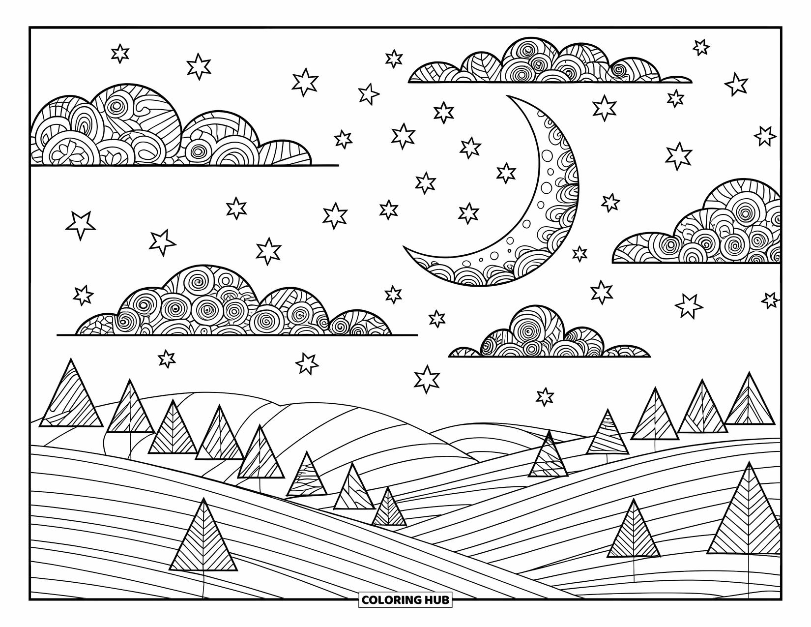 Zentangle Ausmalbild für Erwachsene: Ein verträumter Mond und Sterne scheinen über gemusterten Hügeln und Bäumen