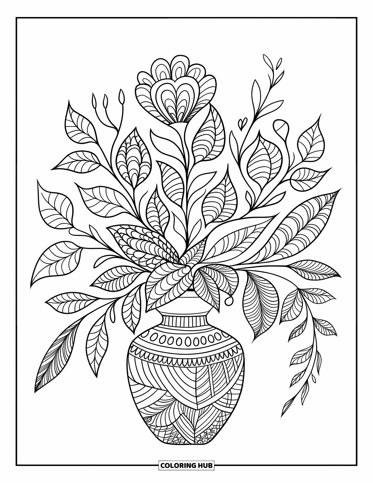 Zentangle Ausmalbild für Erwachsene: Ein Blumenstrauß sitzt in einer Vase, die mit detaillierten Blütenblatt- und Blattmustern umwickelt ist