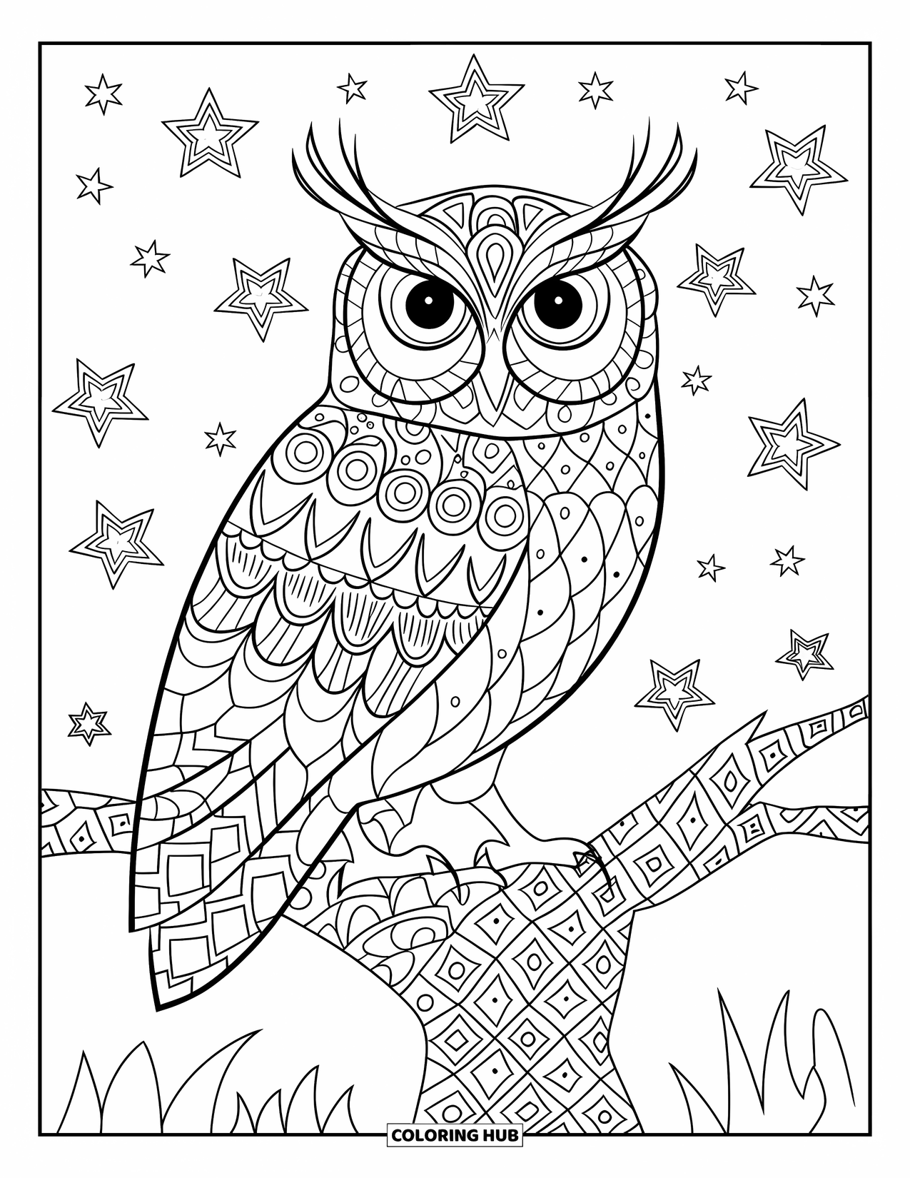 Zentangle Ausmalbild für Erwachsene: Eine Waldeule ruht ruhig auf einem Baum, der mit detaillierten Mustern bedeckt ist