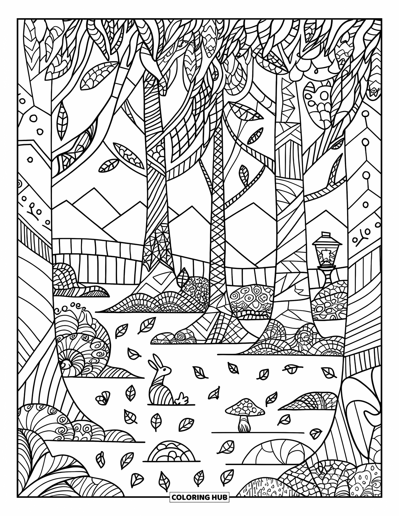 Zentangle Ausmalbild für Erwachsene: Ein Waldweg schlängelt sich an gemusterten Bäumen, winzigen Lebewesen und fernen Bergen vorbei