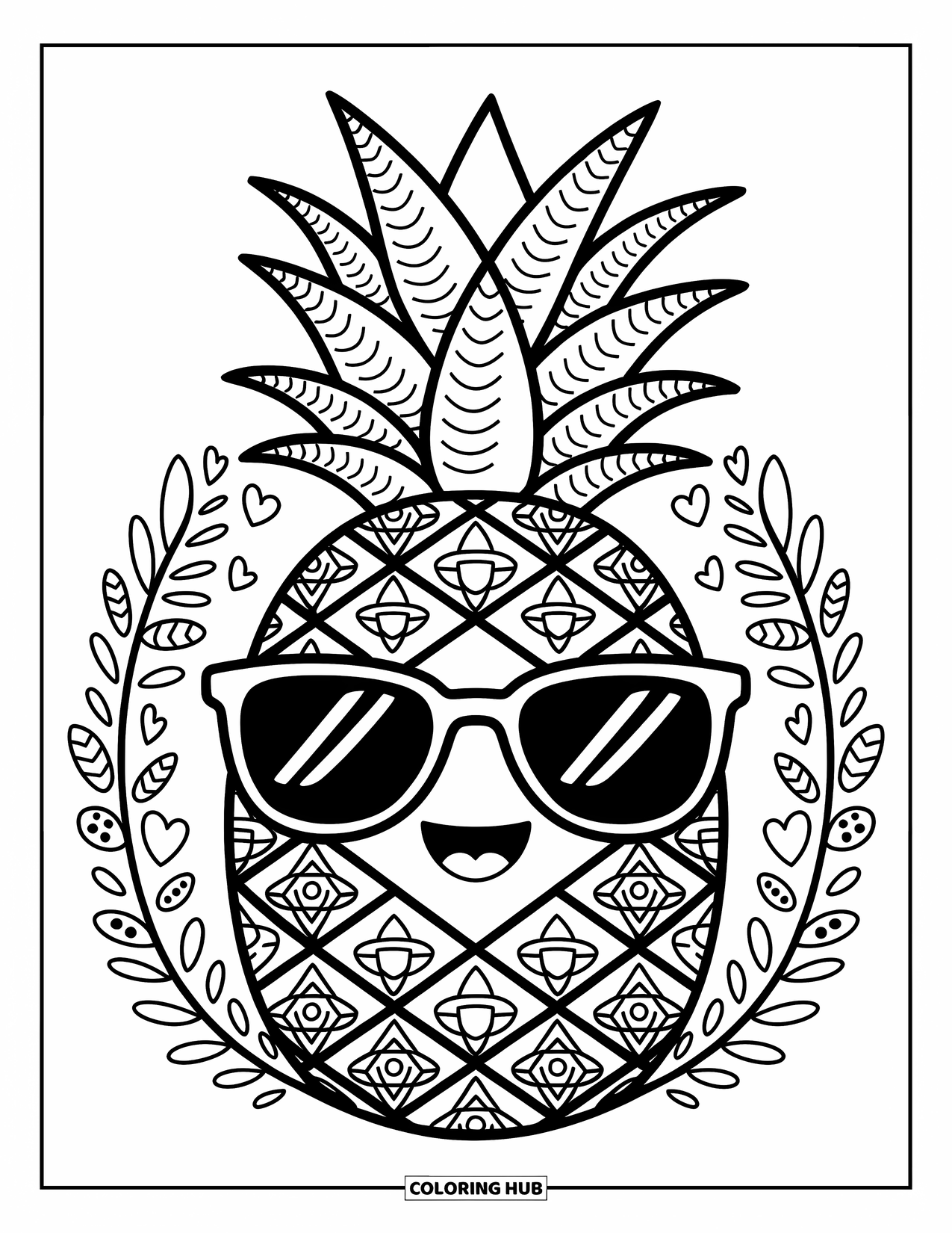 Zentangle Ausmalbild für Erwachsene: Eine fröhliche Ananas mit Sonnenbrille ist von Herzen, Blättern und Zentangle-Wirbeln umgeben