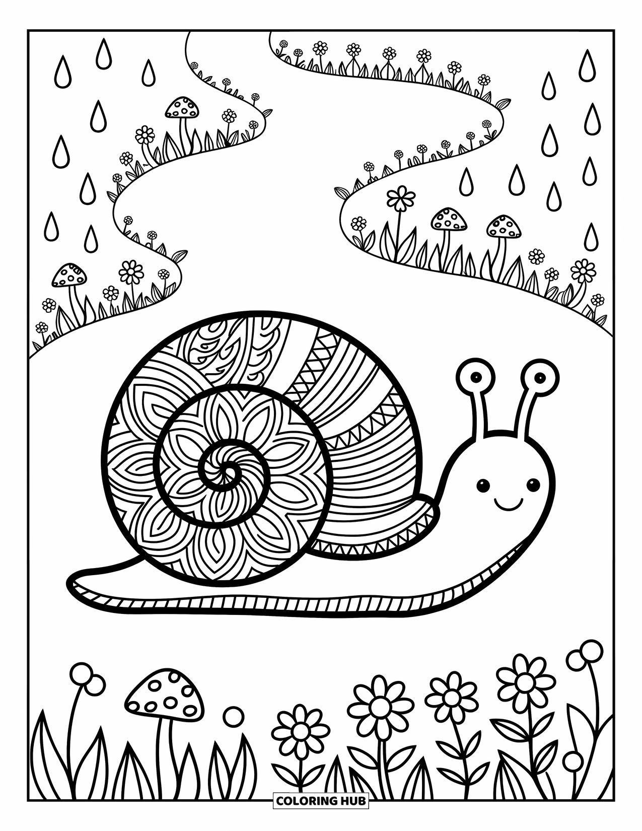 Zentangle Ausmalbild für Erwachsene: Eine fröhliche Schnecke kriecht langsam mit einem Schneckenhaus voller gemütlicher floraler Wirbel