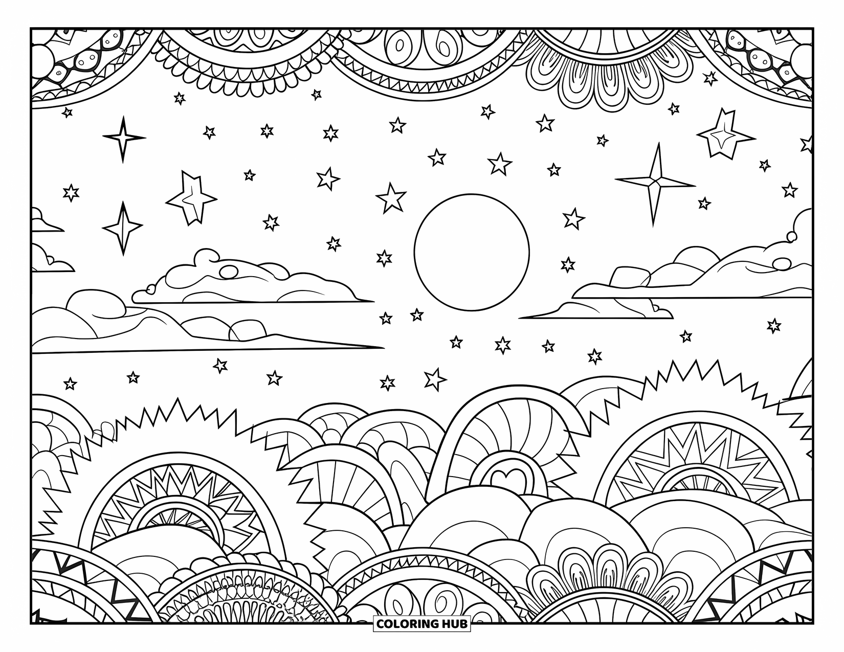 Zentangle Ausmalbild für Erwachsene: Ein Mond und Wolken ruhen in einem Himmel voller beruhigender, wirbelnder Muster