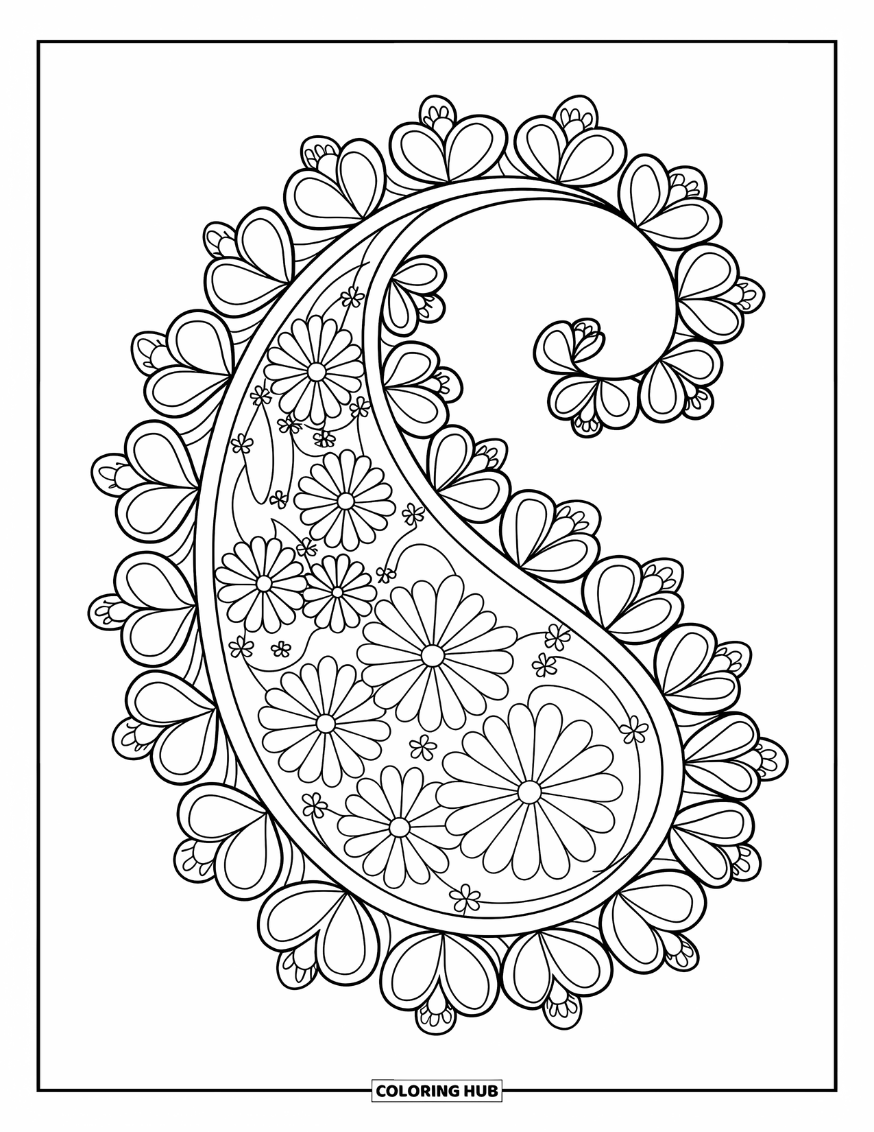 Zentangle Ausmalbild für Erwachsene: Ein Paisley-Wirbel füllt die Seite mit Mini-Blumen und beruhigenden Details