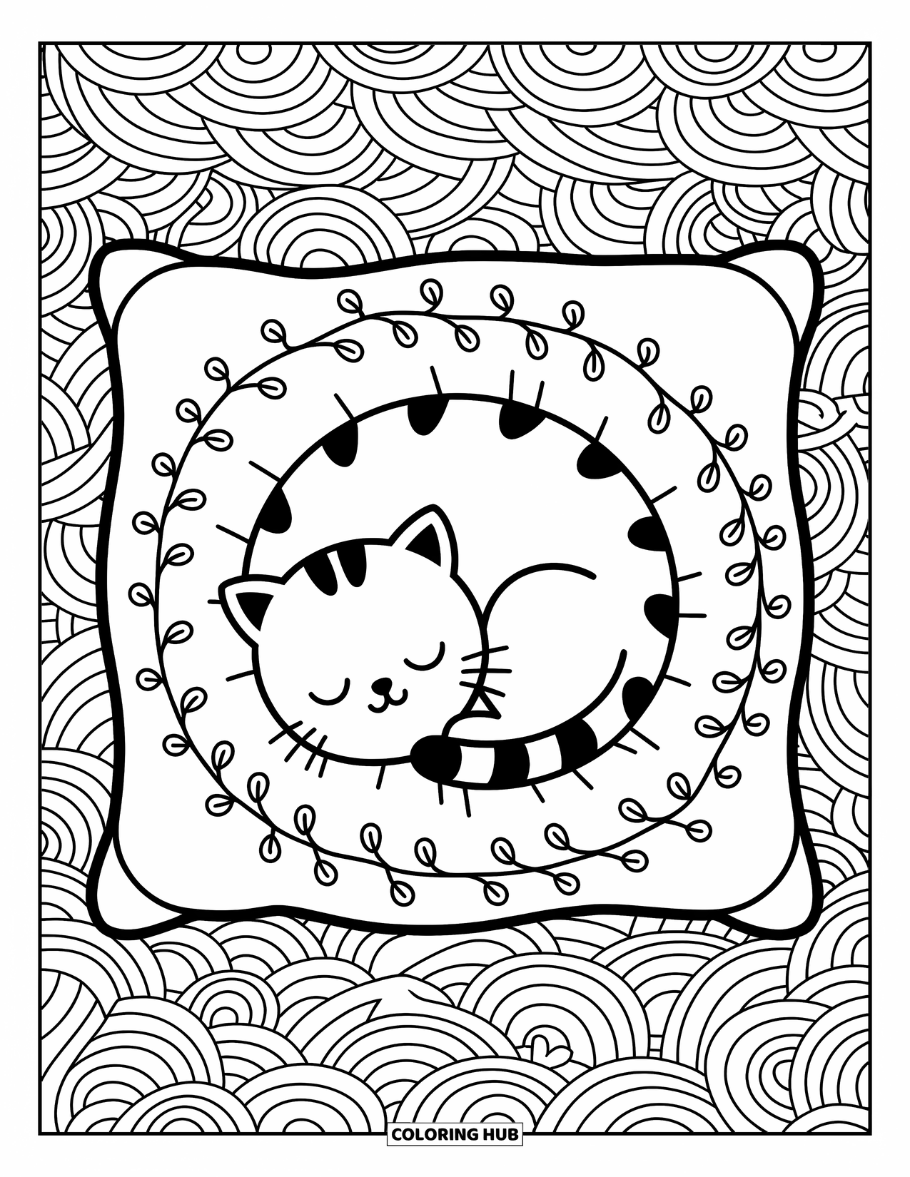 Zentangle Ausmalbild für Erwachsene: Eine friedliche Katze ruht auf einem gemusterten Kissen, umgeben von weichen floralen Doodles
