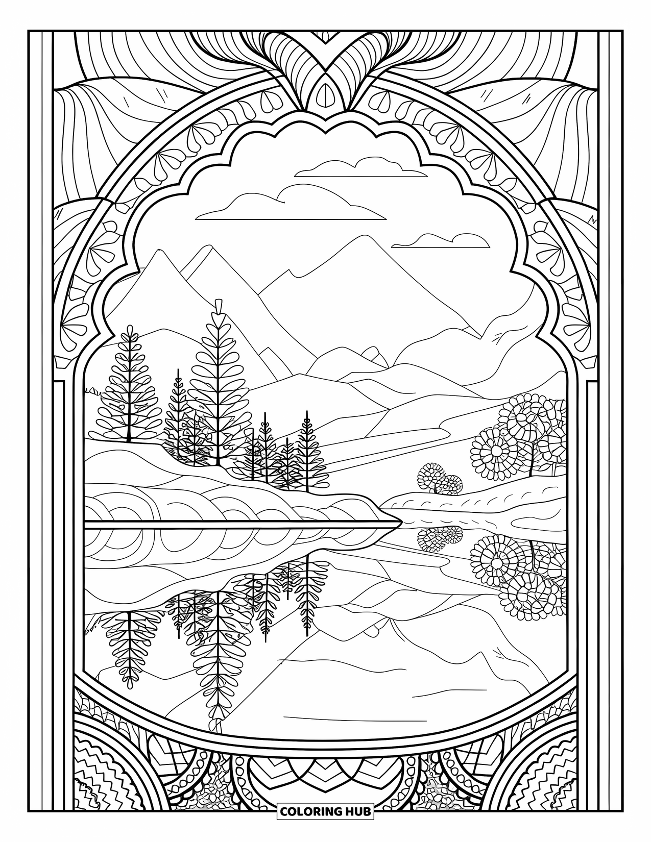 Zentangle Ausmalbild für Erwachsene: Ein friedlicher See spiegelt Berge unter einem Himmel mit komplizierten Mustern wider