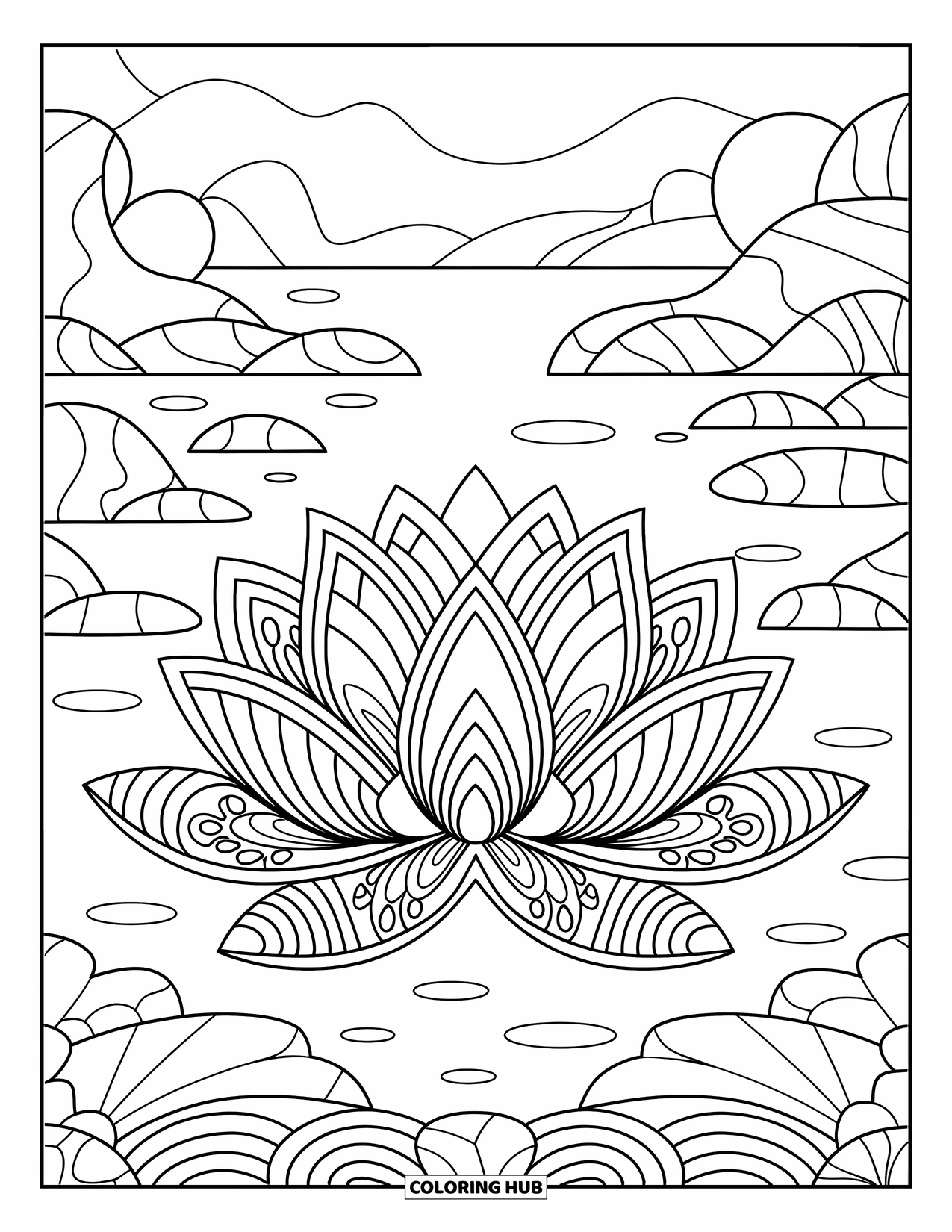 Zentangle Ausmalbild für Erwachsene: Eine friedliche Lotusblume blüht mit symmetrischen Blütenblättern und schwebenden Felsen in der Nähe