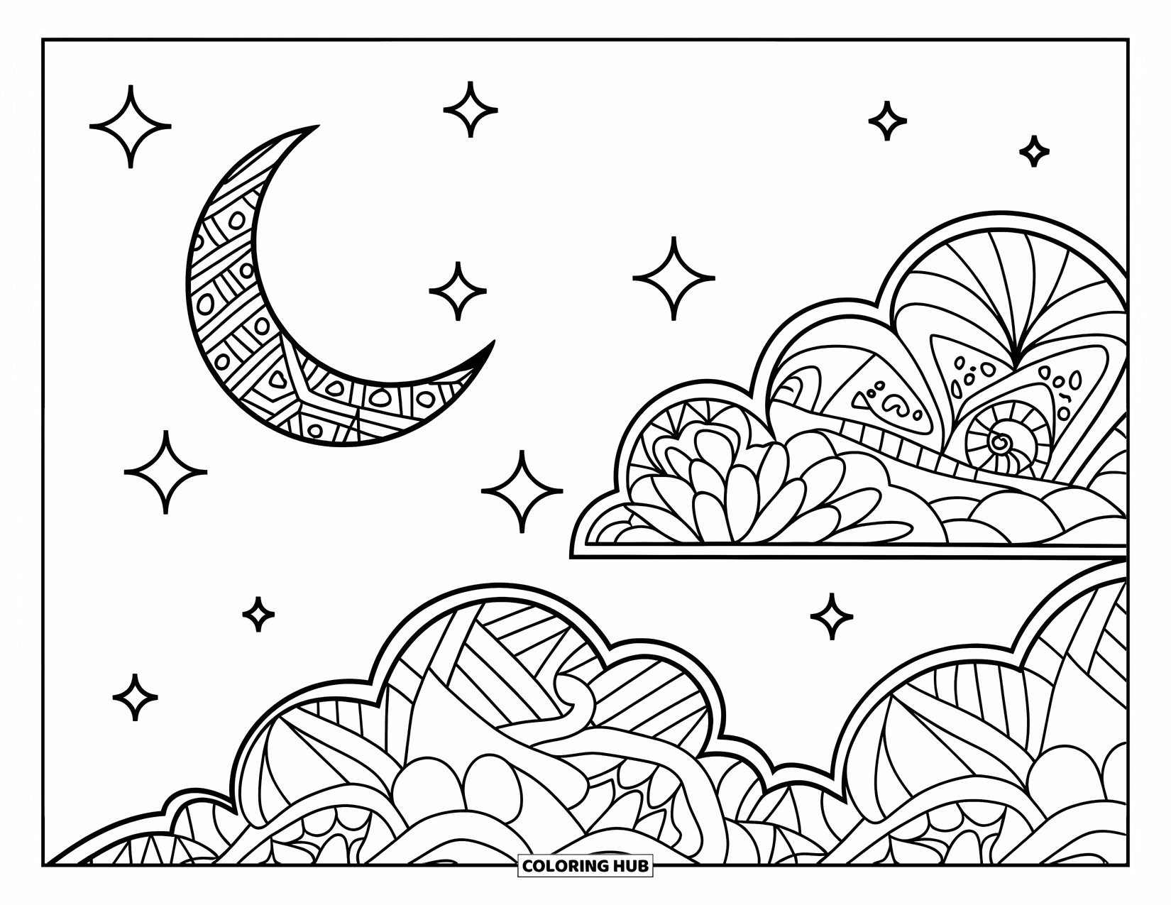 Zentangle Ausmalbild für Erwachsene: Ein friedlicher Himmel zeigt Sterne, einen Mond und Wolken voller Zentangle-Linien