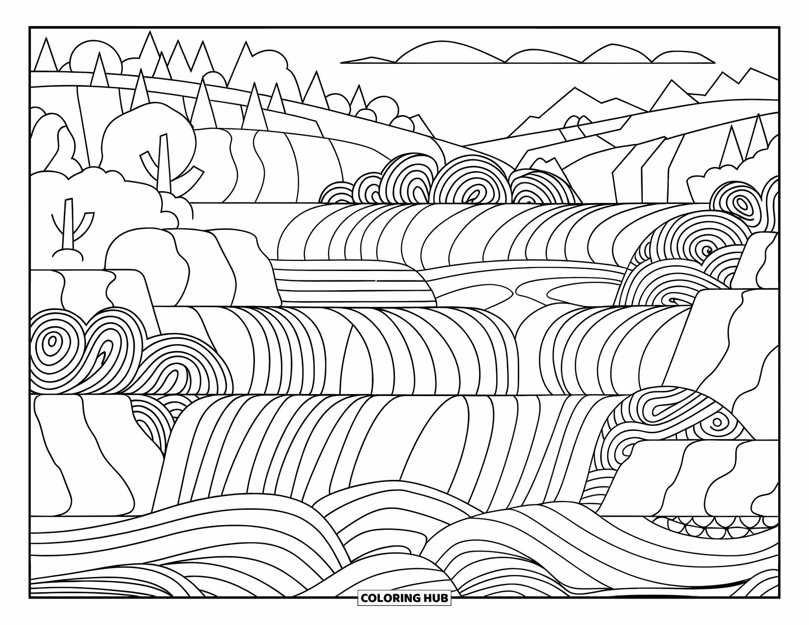 Zentangle Ausmalbild für Erwachsene: Ein friedlicher Wasserfall fließt mit wirbelnden Wellen und Bergblick