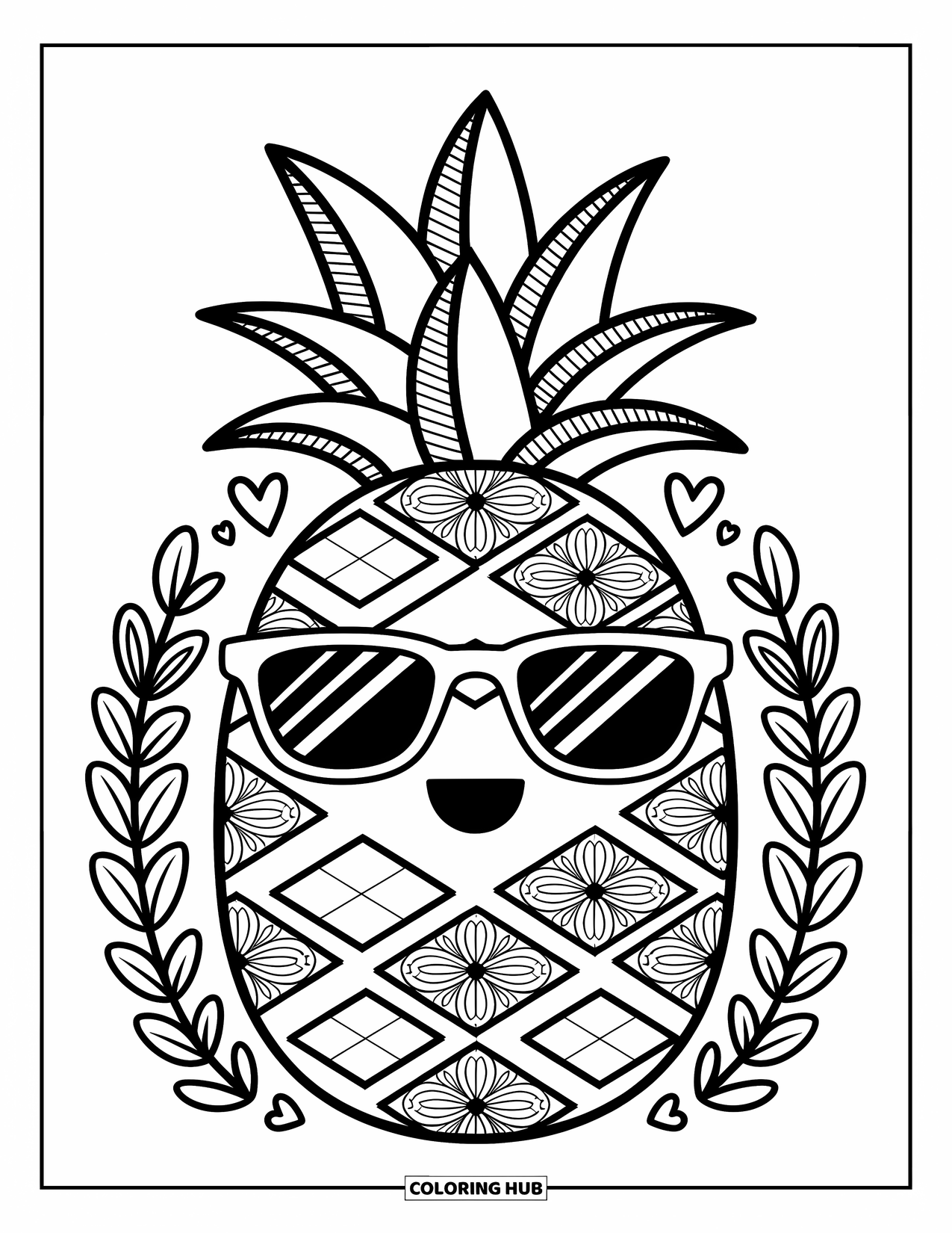 Zentangle Ausmalbild für Erwachsene: Eine Ananas mit Sonnenbrille strahlt fröhlich mit gemusterter Haut und blättriger Krone