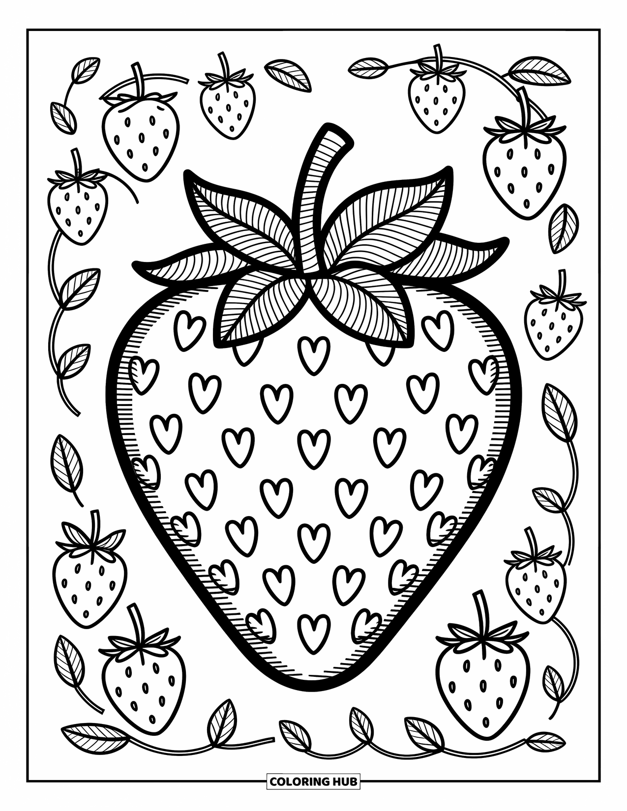 Zentangle Ausmalbild für Erwachsene: Eine verspielte Erdbeere ist von Blüten und blättrigen Wirbeln umgeben