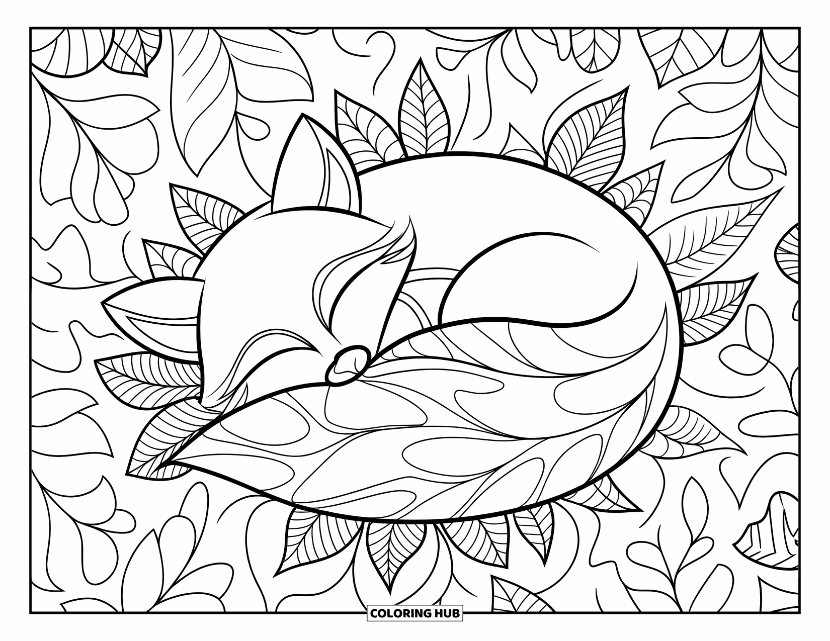 Zentangle Ausmalbild für Erwachsene: Ein schlafender Fuchs ist in einen gemütlichen Wirbel gemusterter Blätter gehüllt