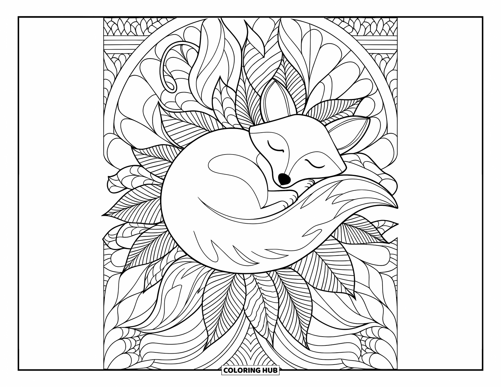 Zentangle Ausmalbild für Erwachsene: Ein schlafender Fuchs ruht zwischen Blättern voller weicher Zentangle-Linien