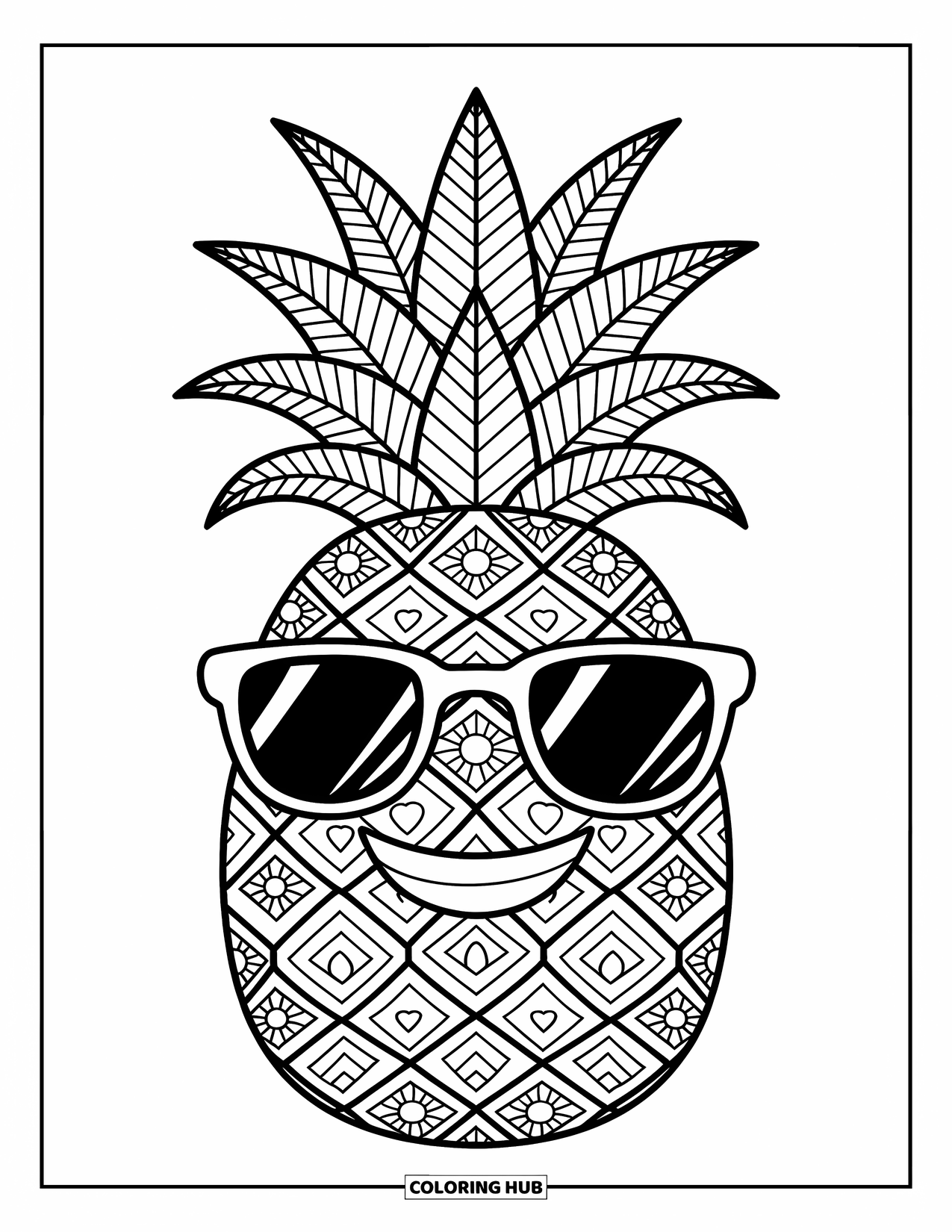 Zentangle Ausmalbild für Erwachsene: Eine lächelnde Ananas mit detaillierter Haut sitzt in einem Ring aus tropischen Doodles