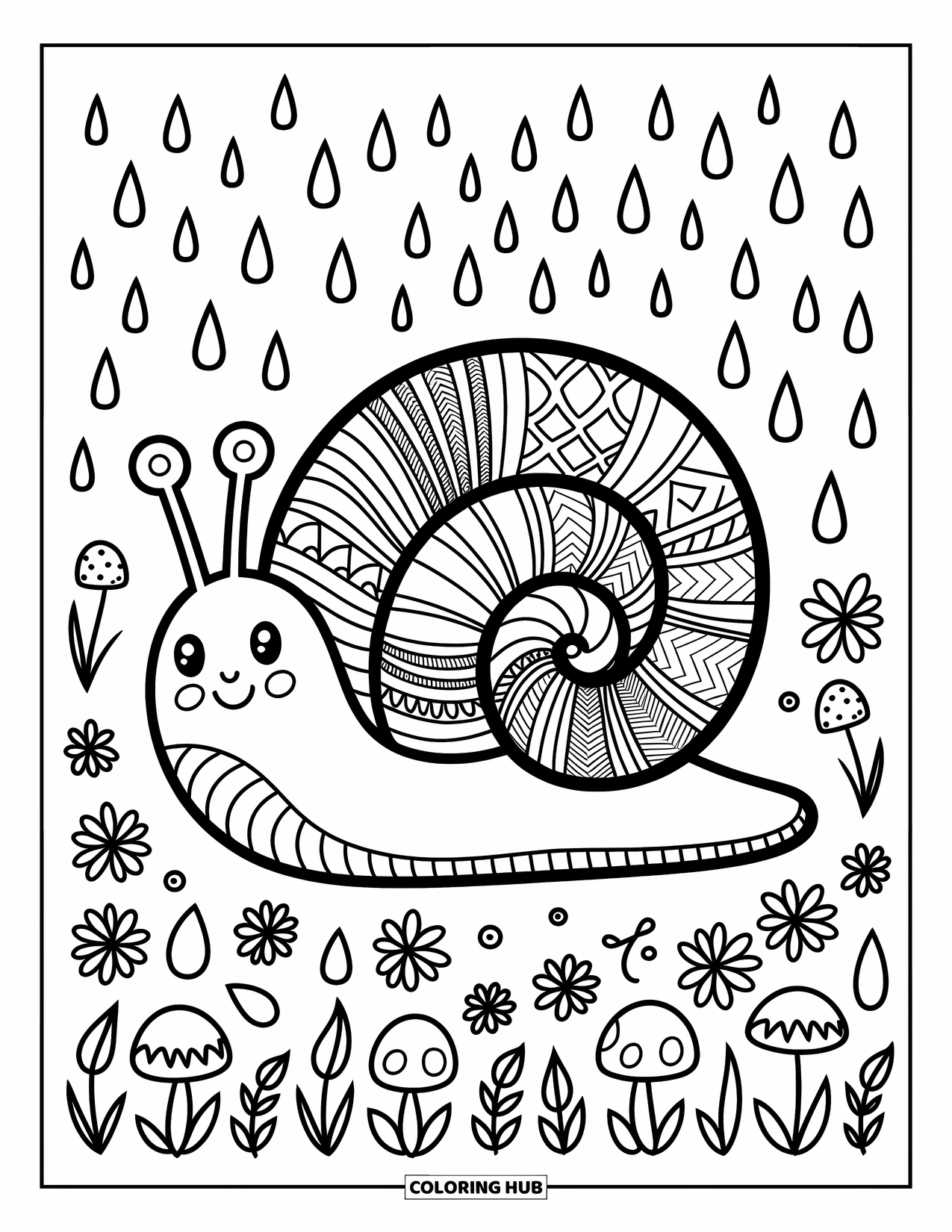Zentangle Ausmalbild für Erwachsene: Eine Schnecke mit einem gemusterten Schneckenhaus schlendert an verspielten Pilzen und floralen Explosionen vorbei
