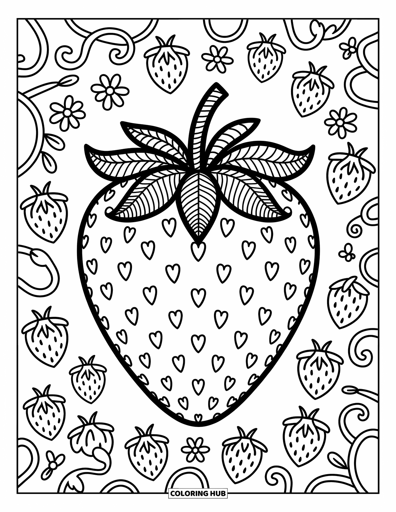 Zentangle Ausmalbild für Erwachsene: Eine mit Herzen und Spiralen bedeckte Erdbeere leuchtet zwischen Blumen und lockigen Ranken