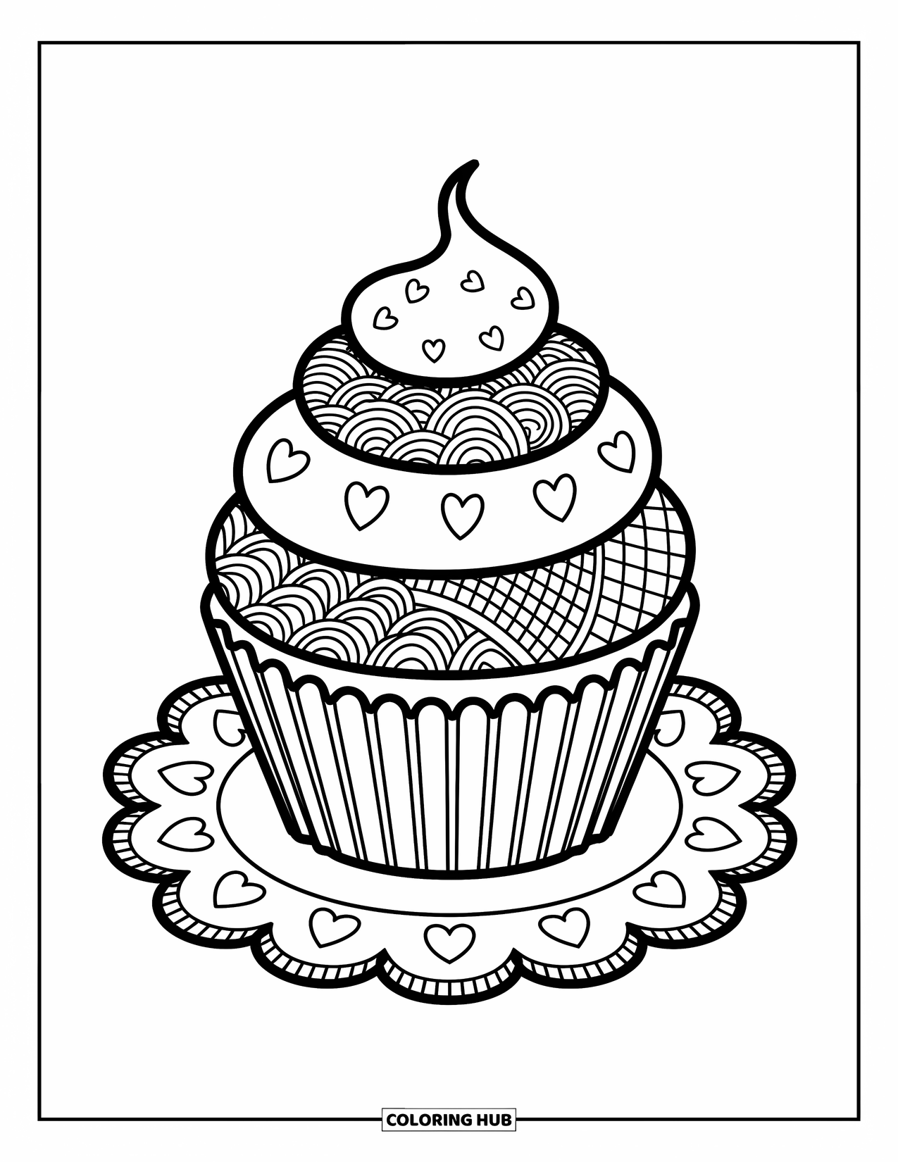 Zentangle Ausmalbild für Erwachsene: Ein süßer Cupcake mit geschichteten Mustern ruht auf einem charmanten, herzgefüllten Deckchen