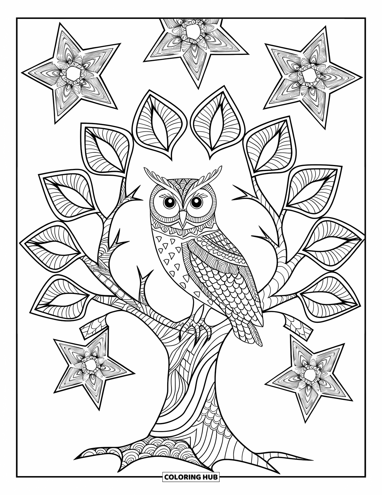 Zentangle Ausmalbild für Erwachsene: Eine weise Eule sitzt in einem Baum mit wirbelnden Sternen darüber