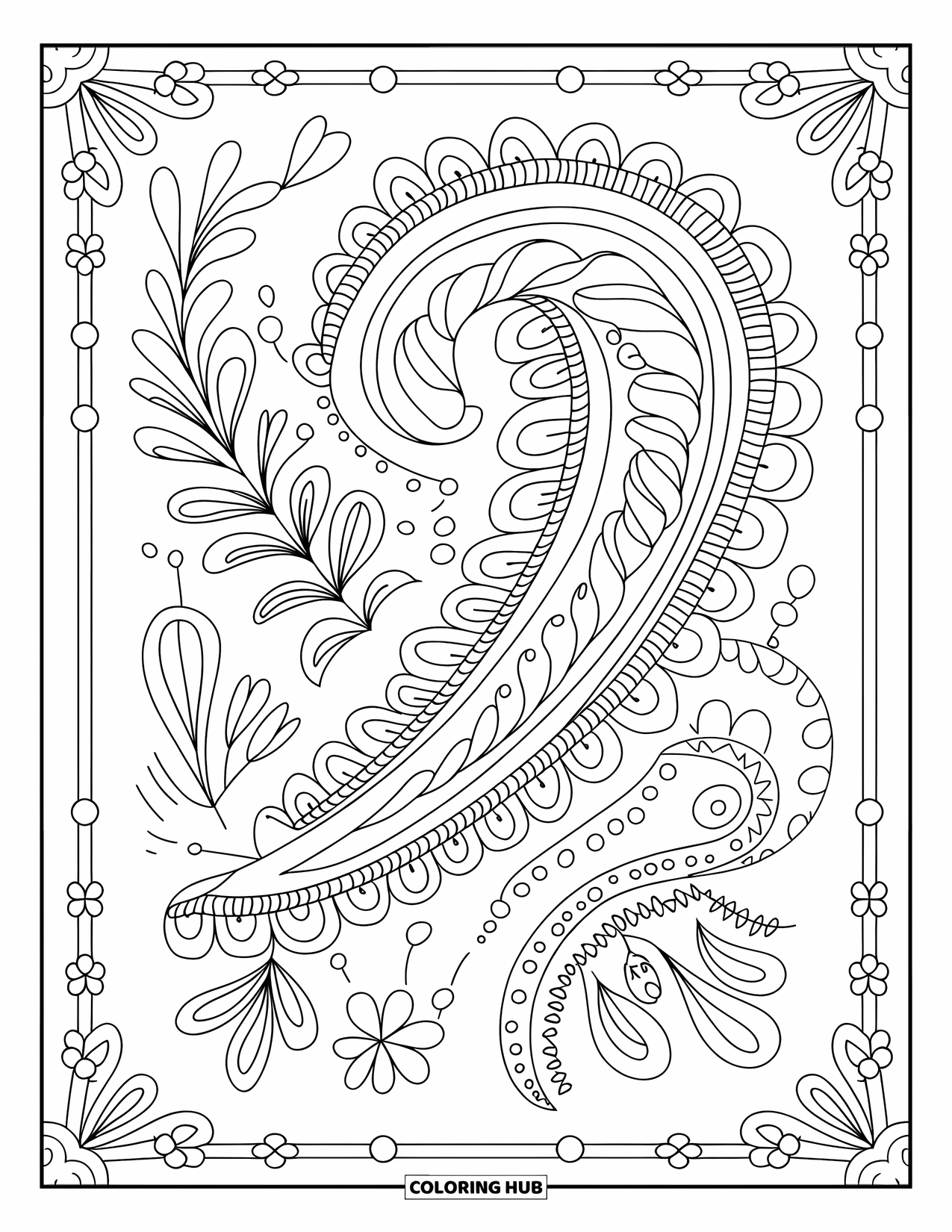Zentangle Ausmalbild für Erwachsene: Ein kompliziertes Paisley-Design ist mit winzigen Blumen und einer umrandeten Kante gefüllt