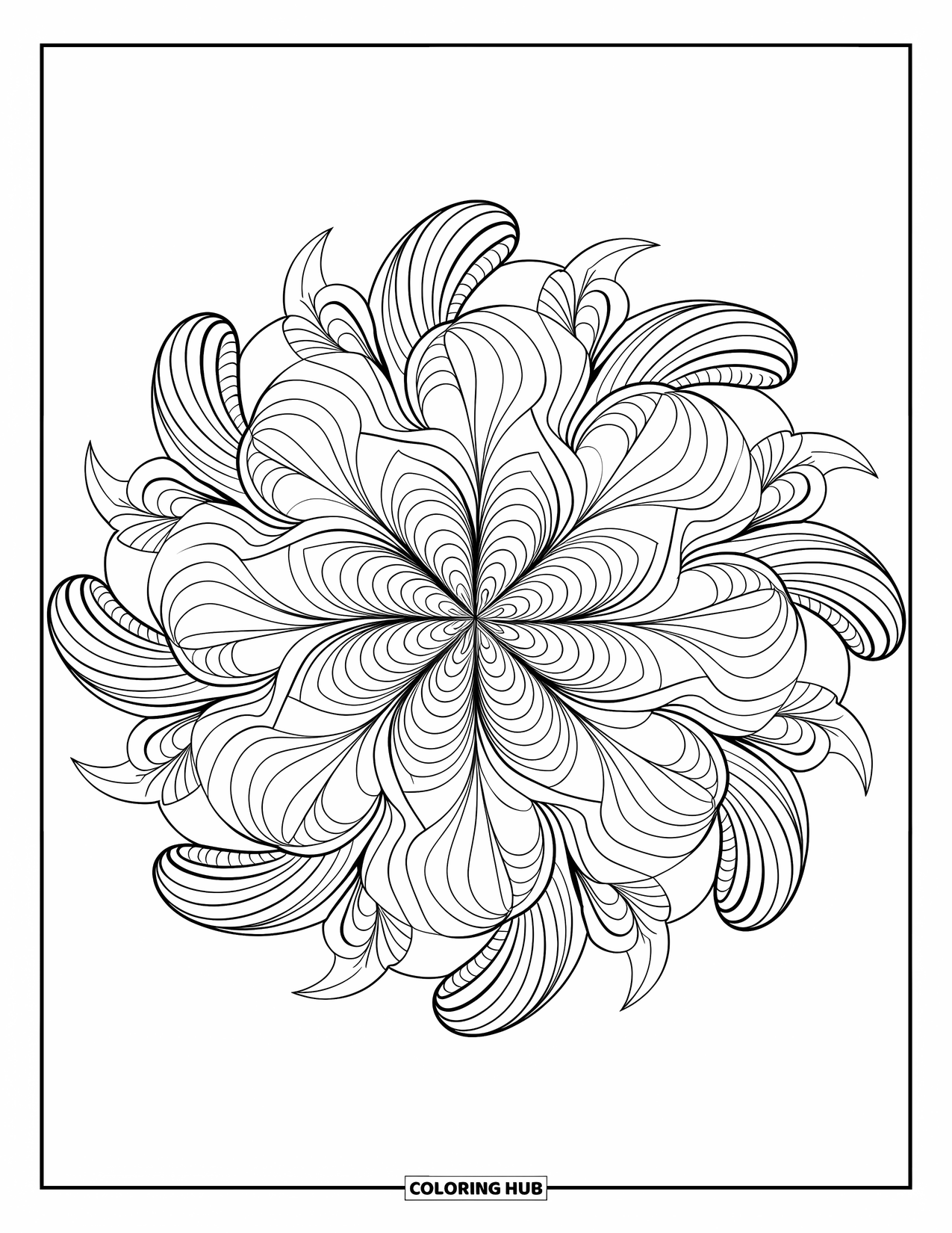 Zentangle Ausmalbild für Erwachsene: Blumen- und geometrische Muster drehen sich in einem zentrierten, entspannenden Mandala-Design