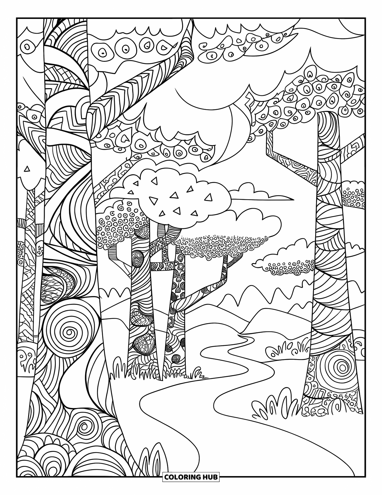 Zentangle Ausmalbild für Erwachsene: Verschlungene Waldbäume und ein gewundener Pfad erstrecken sich zu einer bewölkten Bergansicht