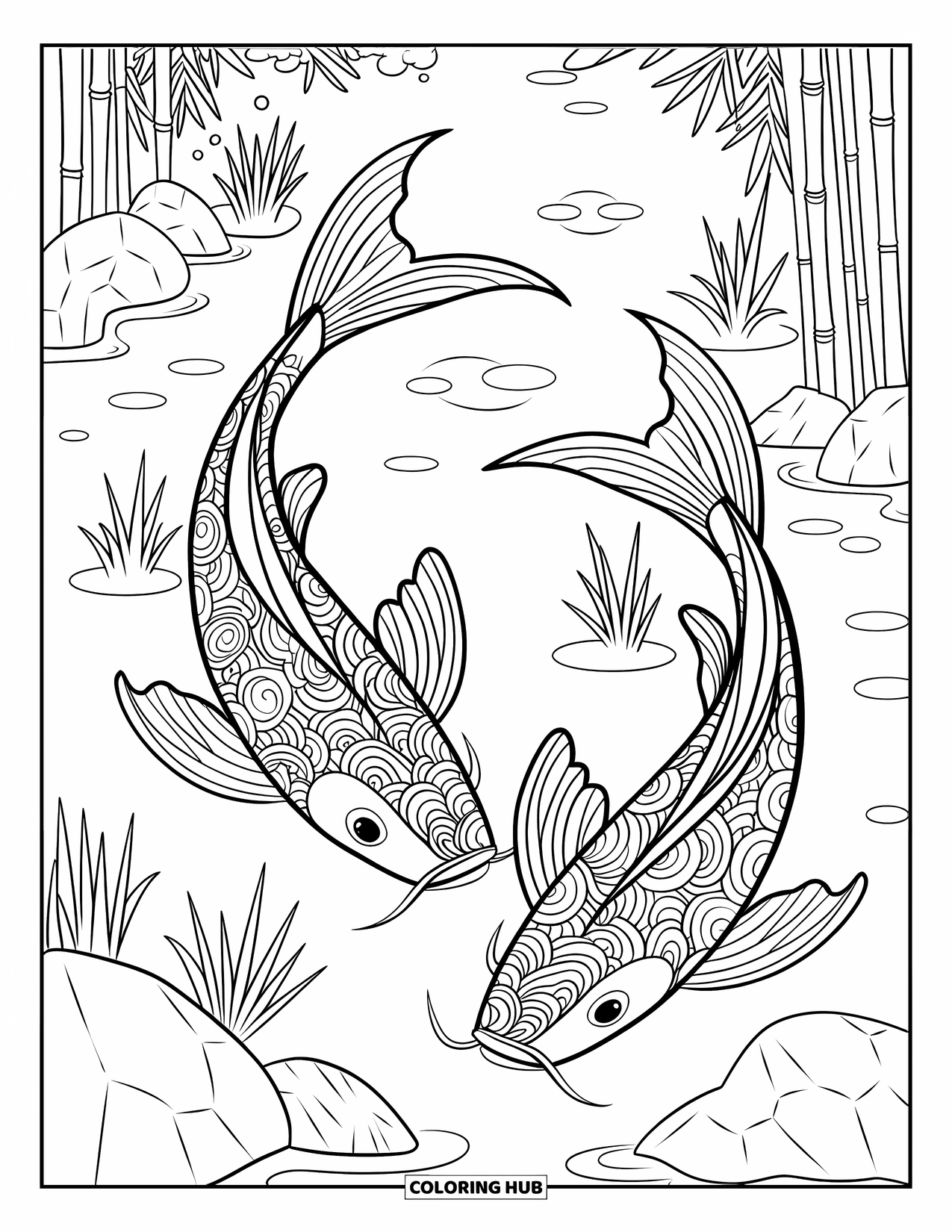 Zentangle Ausmalbild für Erwachsene: Koi-Fische schwimmen an Felsen und Bambus in einem entspannenden, gemusterten Teich vorbei