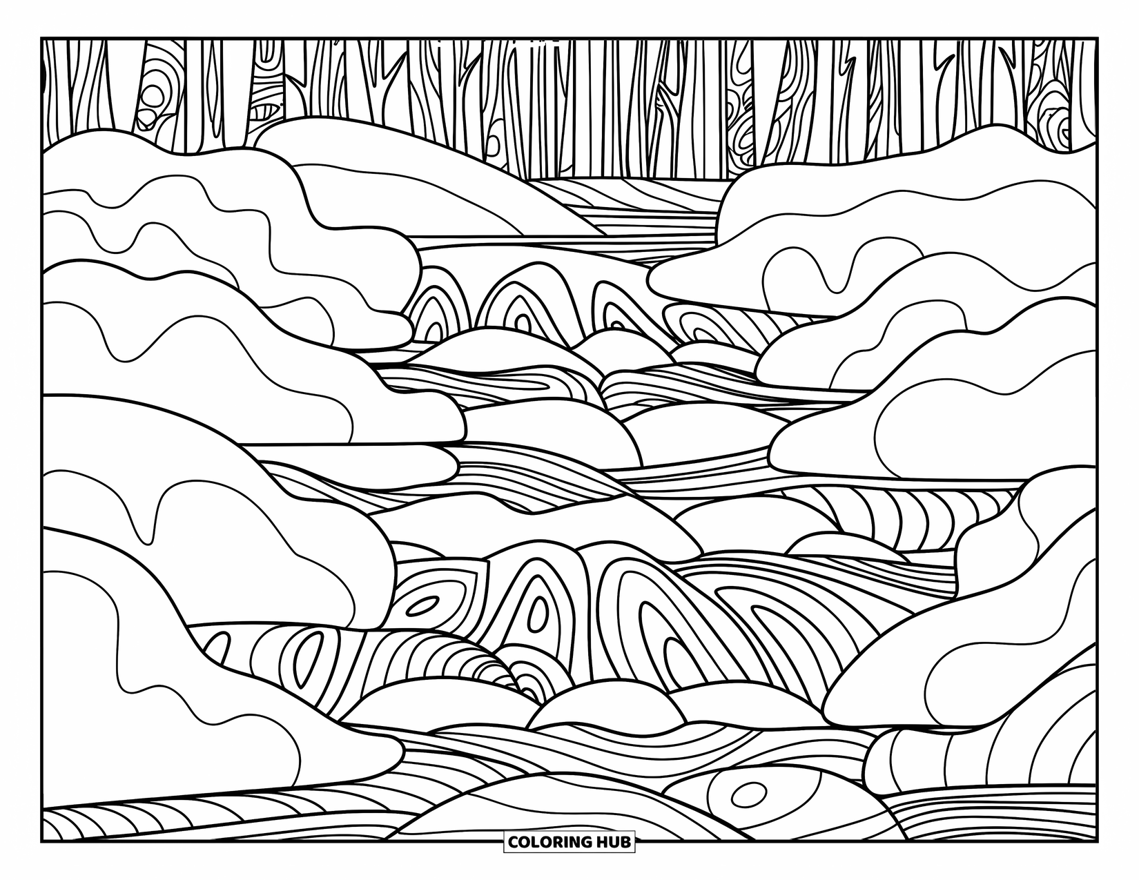 Zentangle Ausmalbild für Erwachsene: Geschichtete Wellen stürzen herab, während ein Wasserfall durch einen Zentangle-Wald fließt