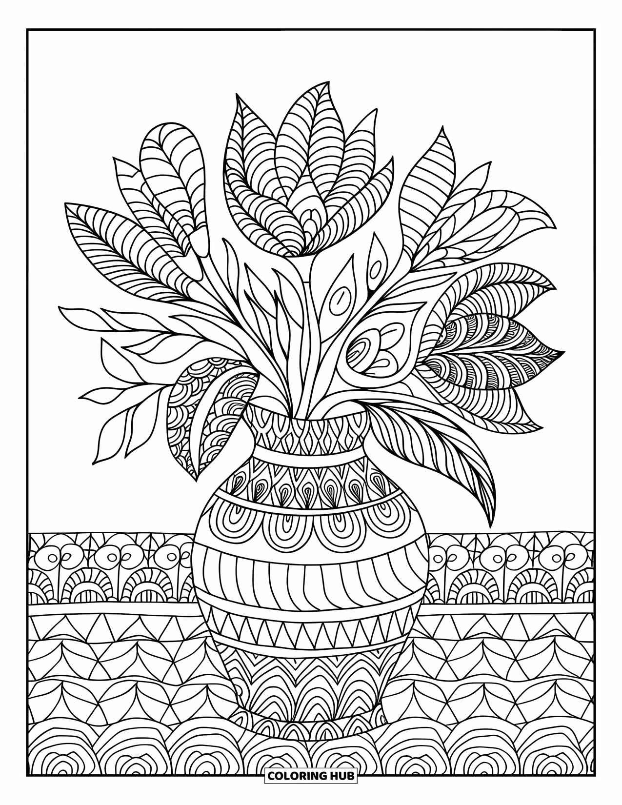 Zentangle Ausmalbild für Erwachsene: Gemusterte Blumen blühen aus einer Vase, die von wirbelnden Zentangle-Designs umgeben ist
