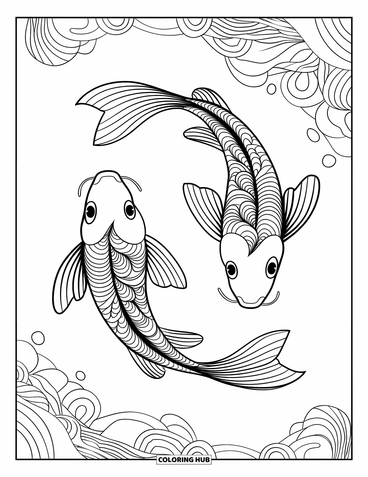 Zentangle Ausmalbild für Erwachsene: Wirbelnde Fische mit Zentangle-Schuppen gleiten durch gemustertes Wasser